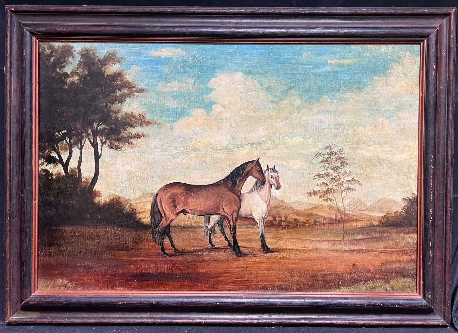 French Schoollarge French Oil Painting Two Horses In Landscape Grey And Chestnut Framed