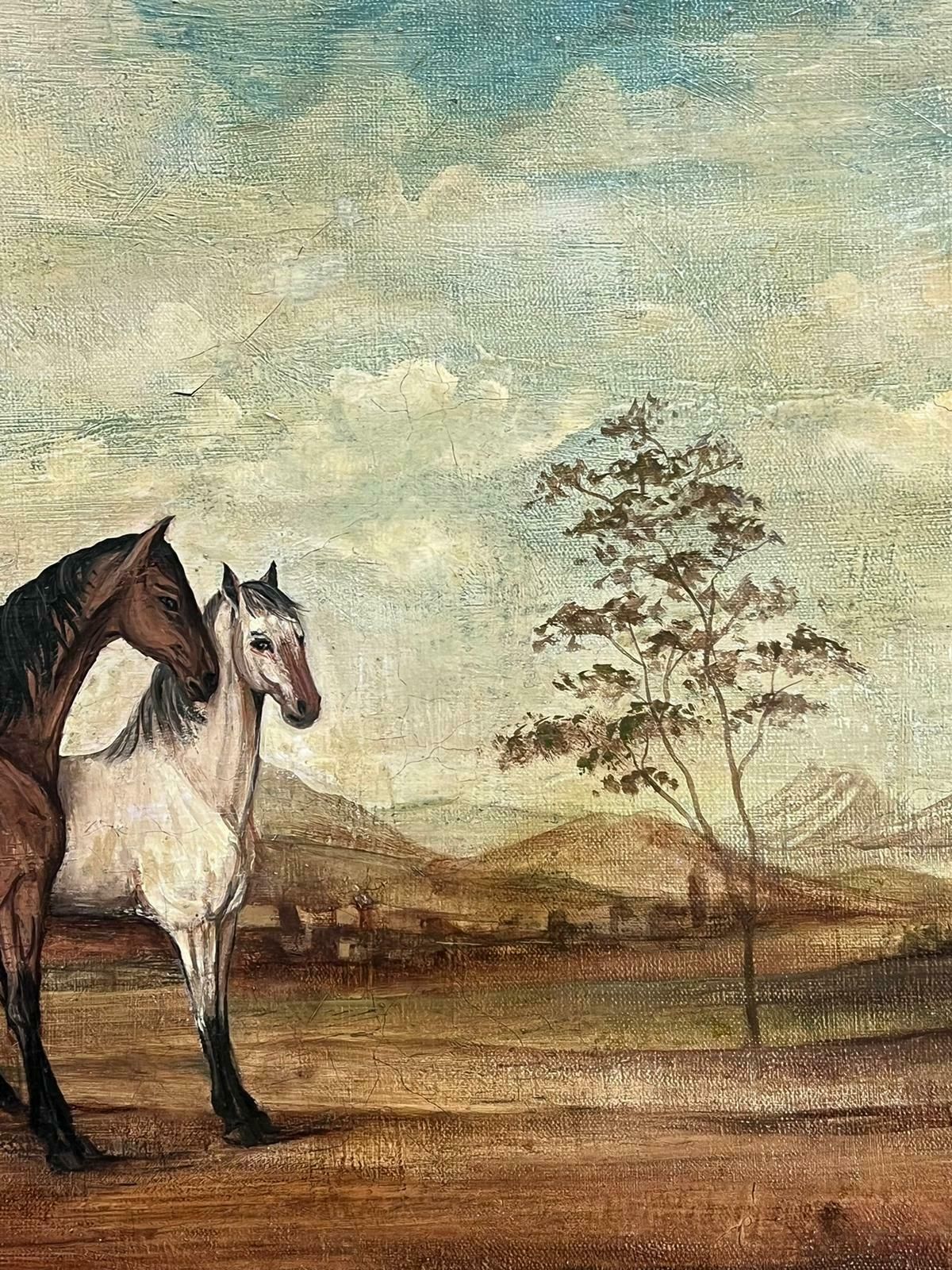 French Schoollarge French Oil Painting Two Horses In Landscape Grey And Chestnut Framed photo buy