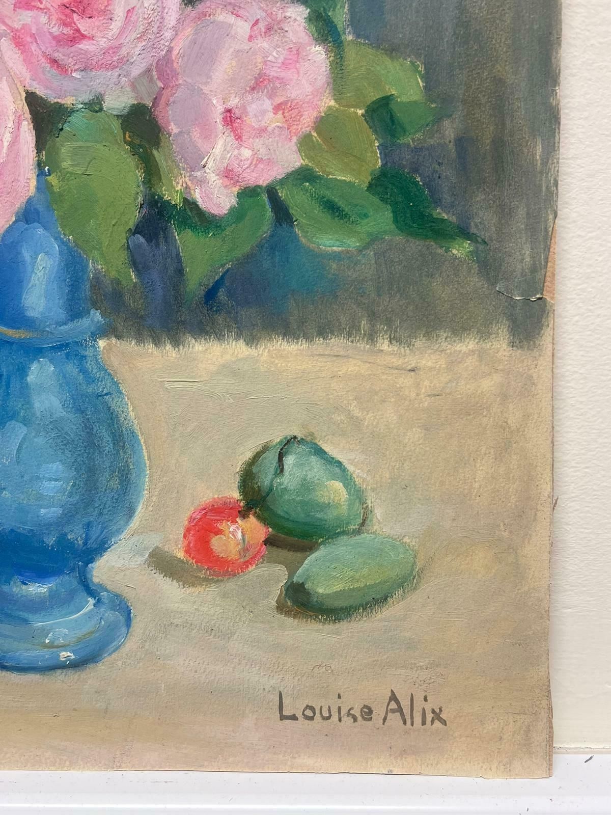 Louise Alixmid Century Stunning French Still Life Pink Roses In Blue Vase1940's photo Art