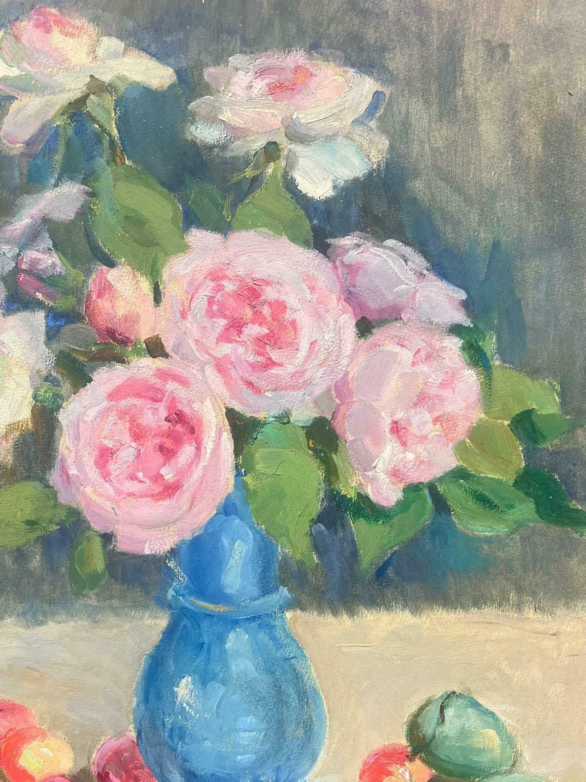 Louise Alixmid Century Stunning French Still Life Pink Roses In Blue Vase1940's photo 667.0