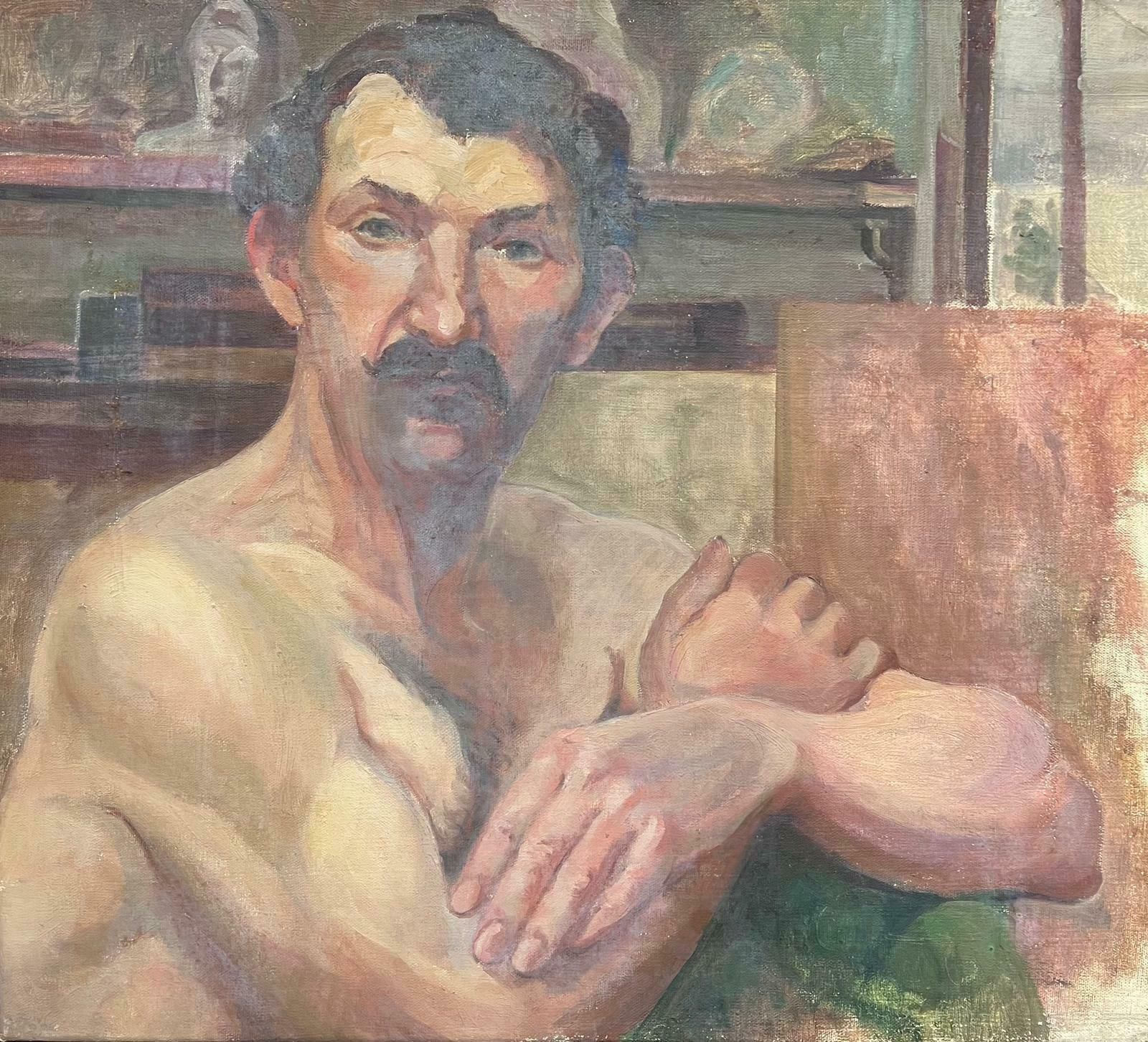 Louise Alixmid 20th Century French Nude Man Folding His Arms Posing For Portrait, Oil Paint1940's