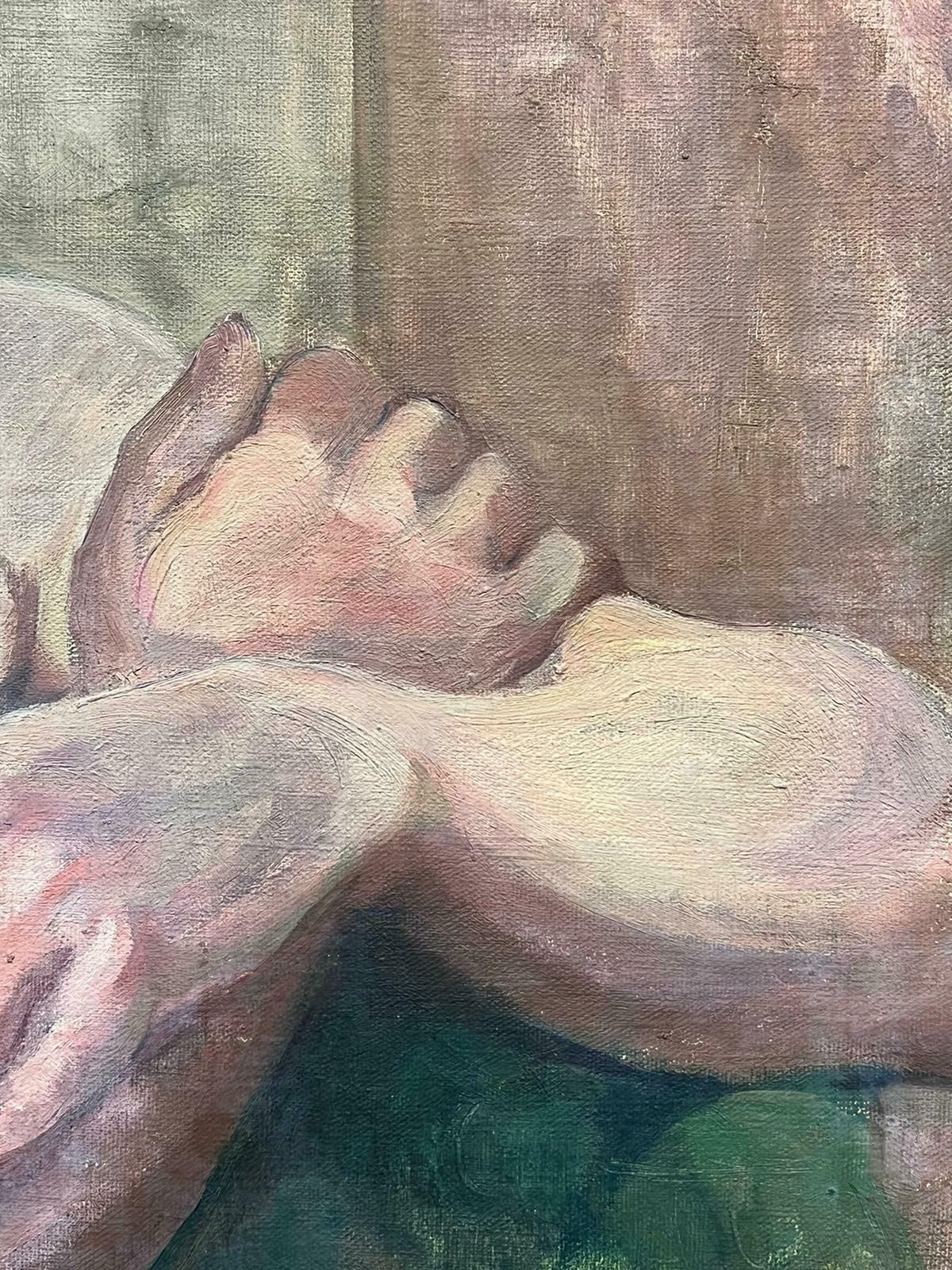 Louise Alixmid 20th Century French Nude Man Folding His Arms Posing For Portrait, Oil Paint1940's photo Art