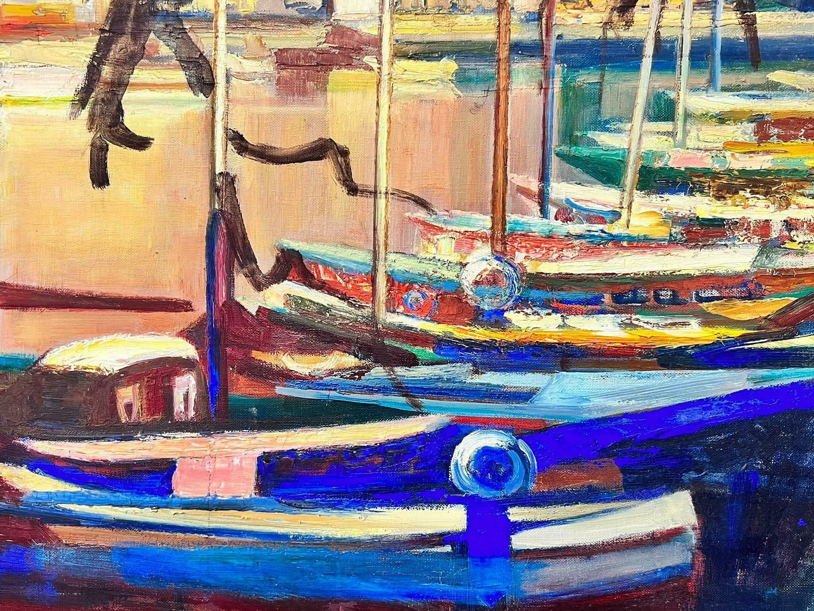 Josine Vignonsunset Over Blue Boats In Harbor Very Large 1970’s French Signed Oil On Canvas1970’s photo furniture