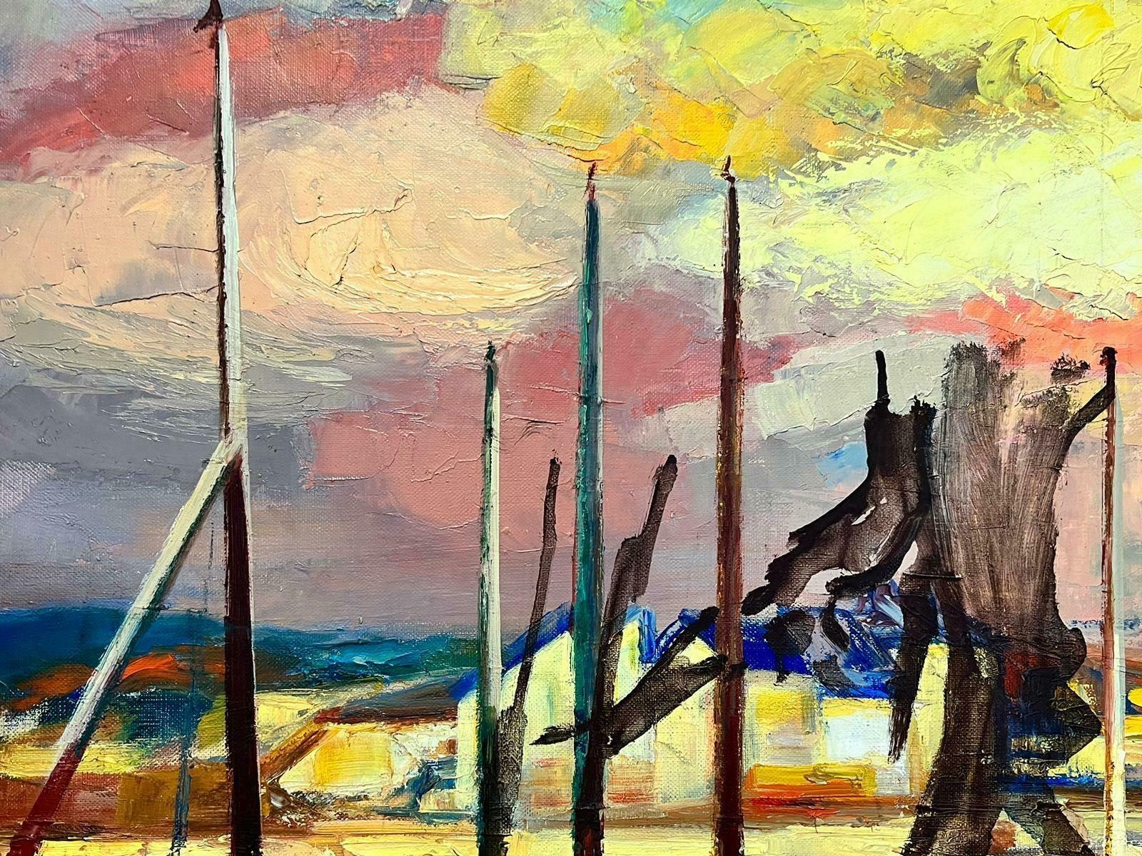 Josine Vignonsunset Over Blue Boats In Harbor Very Large 1970’s French Signed Oil On Canvas1970’s photo buy