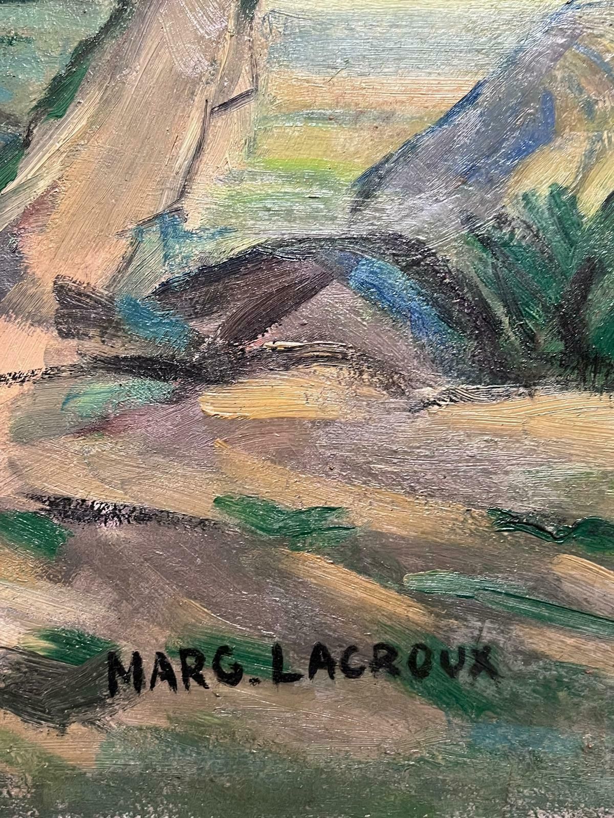 Marguerite Lacroux1950's Century French Post Impressionist Signed Oil Green Fields With Harvest1950's photo Art