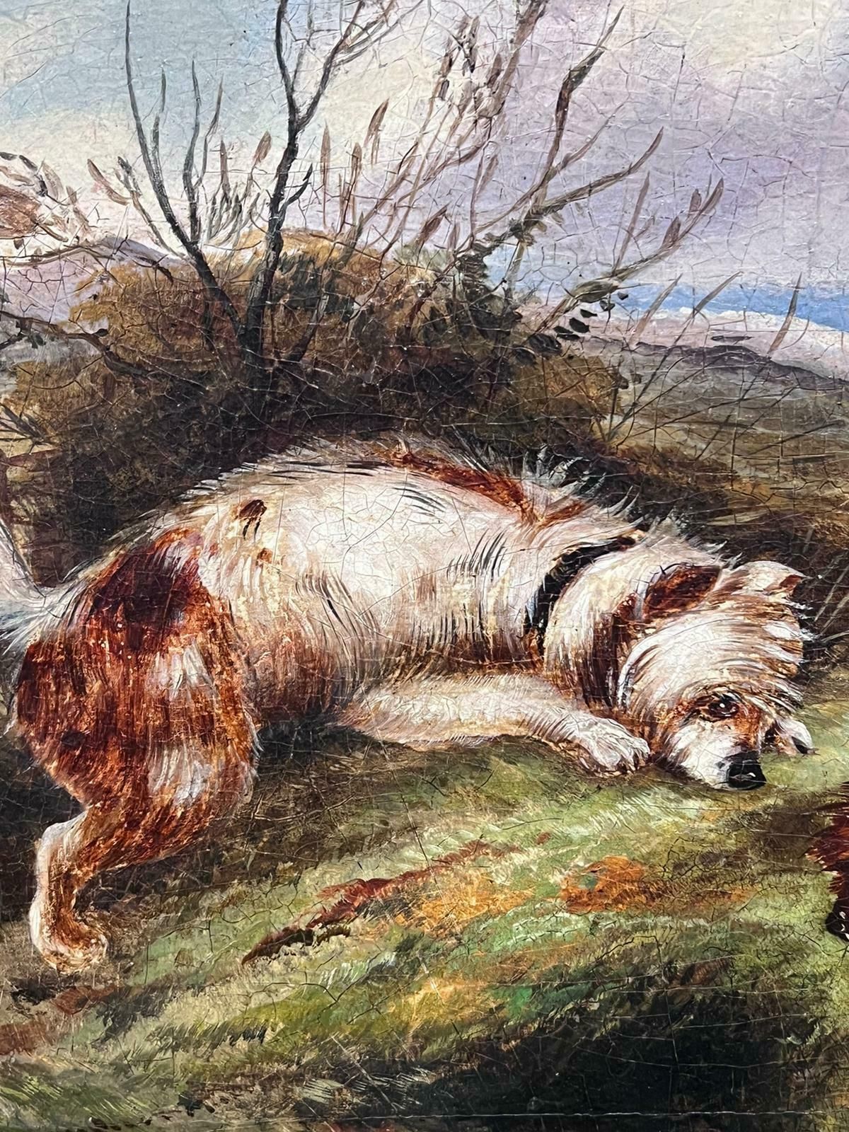 Fine Victorian English Oil Painting Three Terrier Dogs By Rabbit Hole Landscape photo vinterior