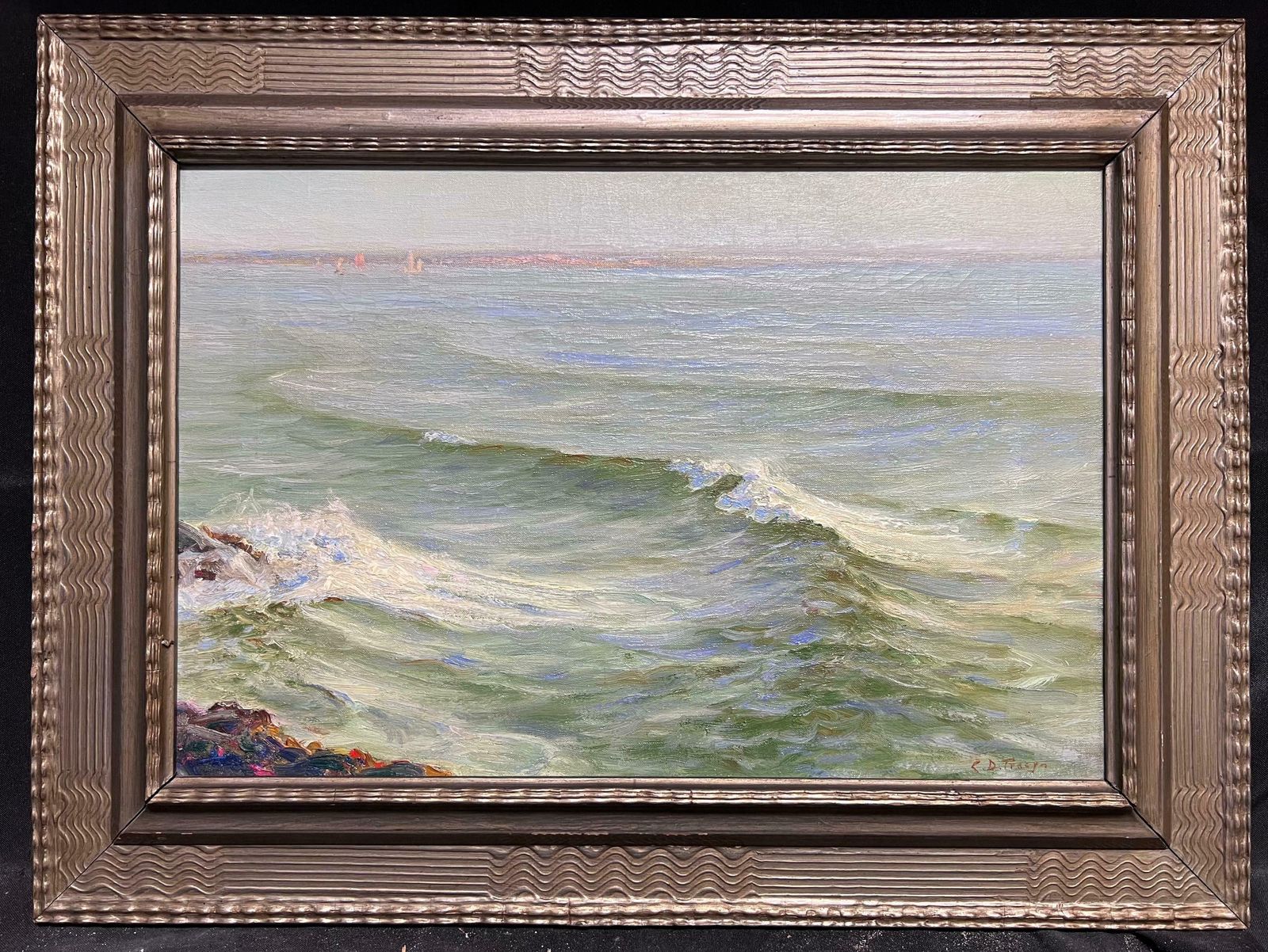 photo for sale Charles Dunlop Tracey (British, 1870 1948)shimmering Sea English 1920's Signed Oil Painting Rolling Waves Barnstable Bay1920's