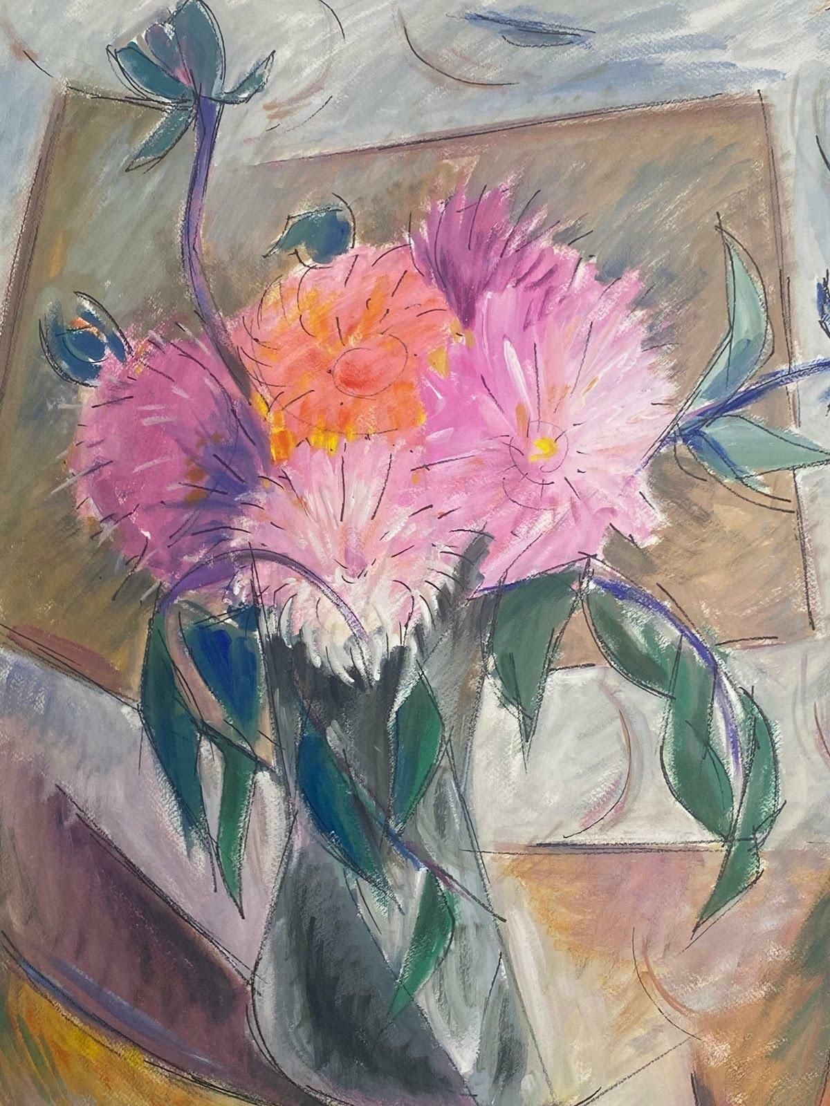 Paul Louis Bolot (French 1918 2003)french Modernist Gouache Painting Flowers In A Vase Pink And Orange Geraniums20th Century (1973) photo furniture