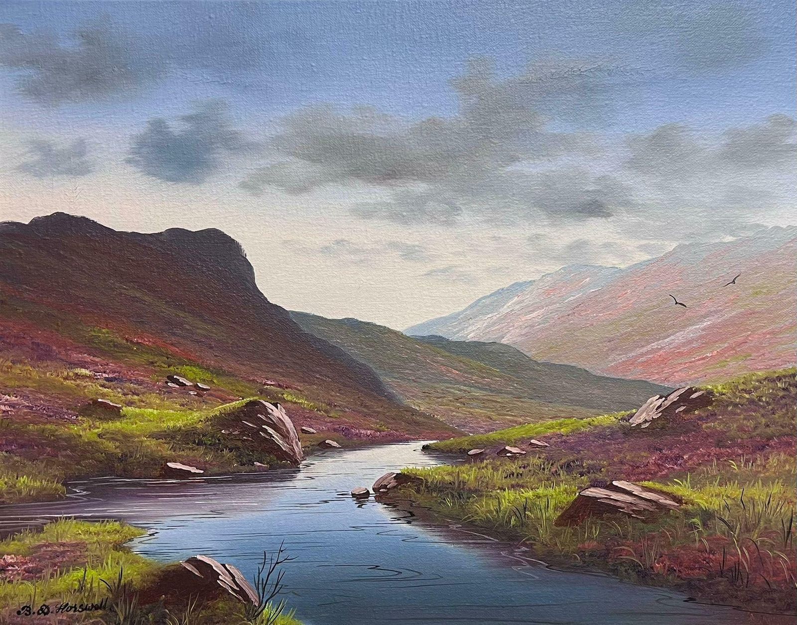 Brian Horsewellfine Scottish Highland River Landscape Atmospheric Sky Original British Oil photo furniture