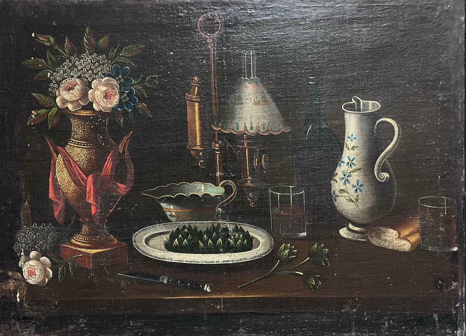Italian 18th Centuryhuge 18th Century Italian Old Master Oil Painting Still Life Fruit Flowers & Jug18th Century