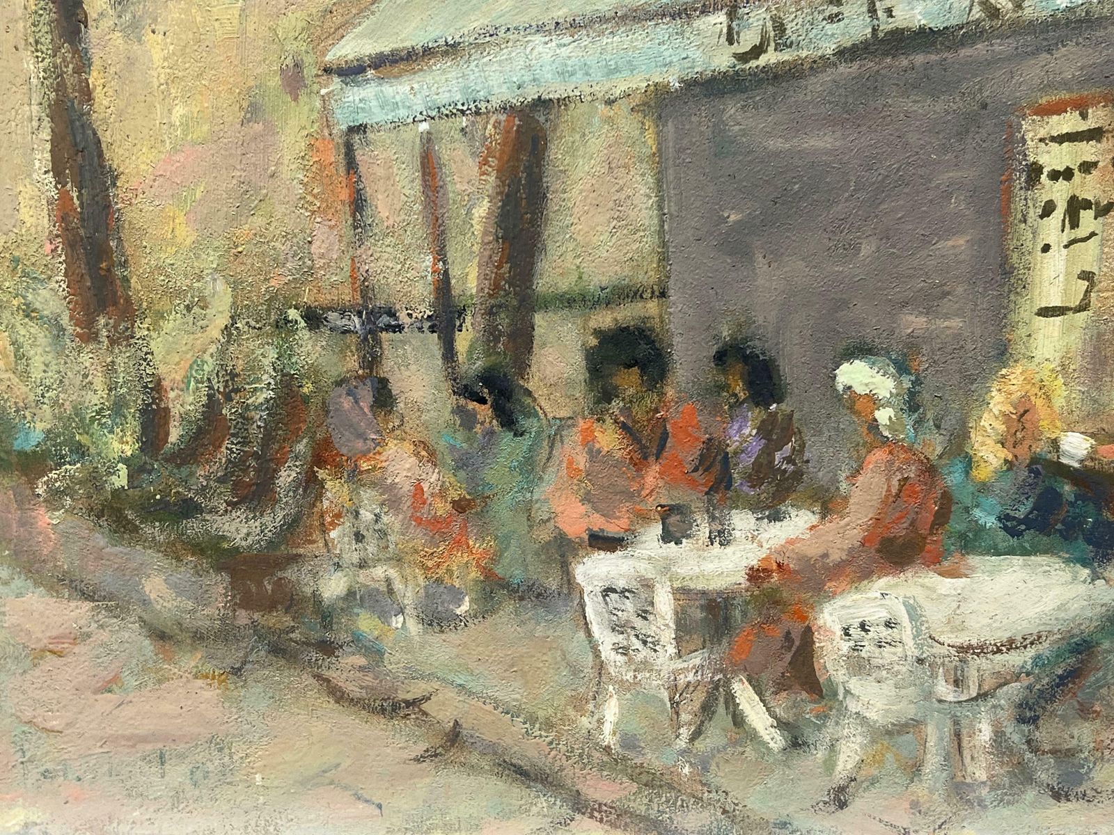 Fanch Lelfigures Sat In A Mellow Outdoor Café Scene Impressionist Oil Painting20th Century photo vinterior