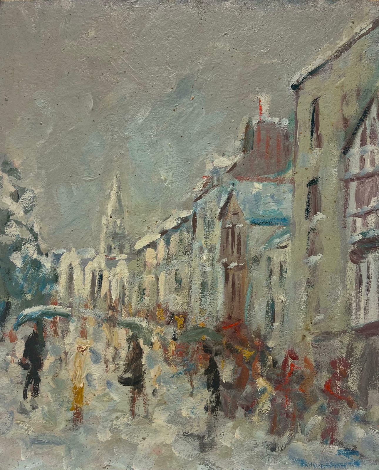 Fanch Lelfigures Bustling In A French Street Scene On A Rainy Day Breton Oil Painting20th Century