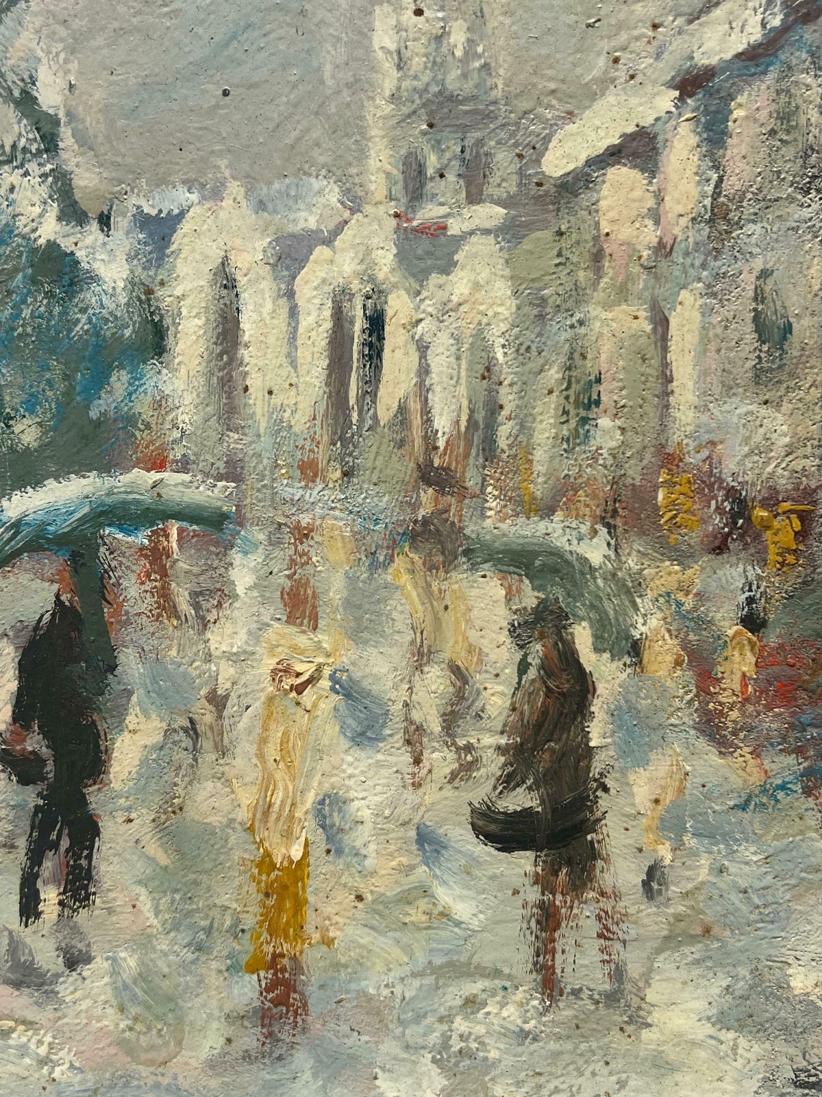 Fanch Lelfigures Bustling In A French Street Scene On A Rainy Day Breton Oil Painting20th Century photo 564.0