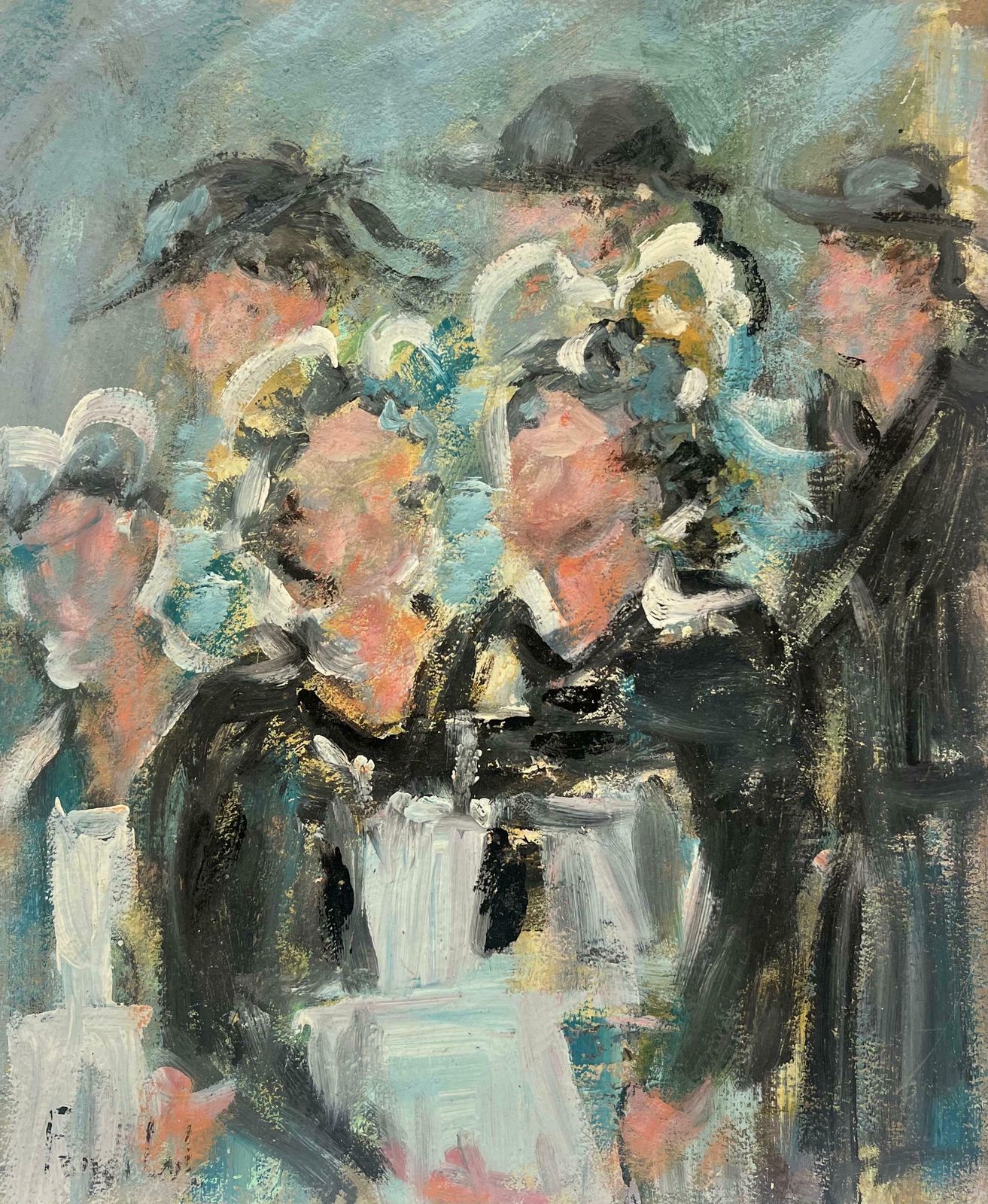 Fanch Lelcharming French Impressionist Oil Painting For Maids In Uniforms At A Gathering20th Century