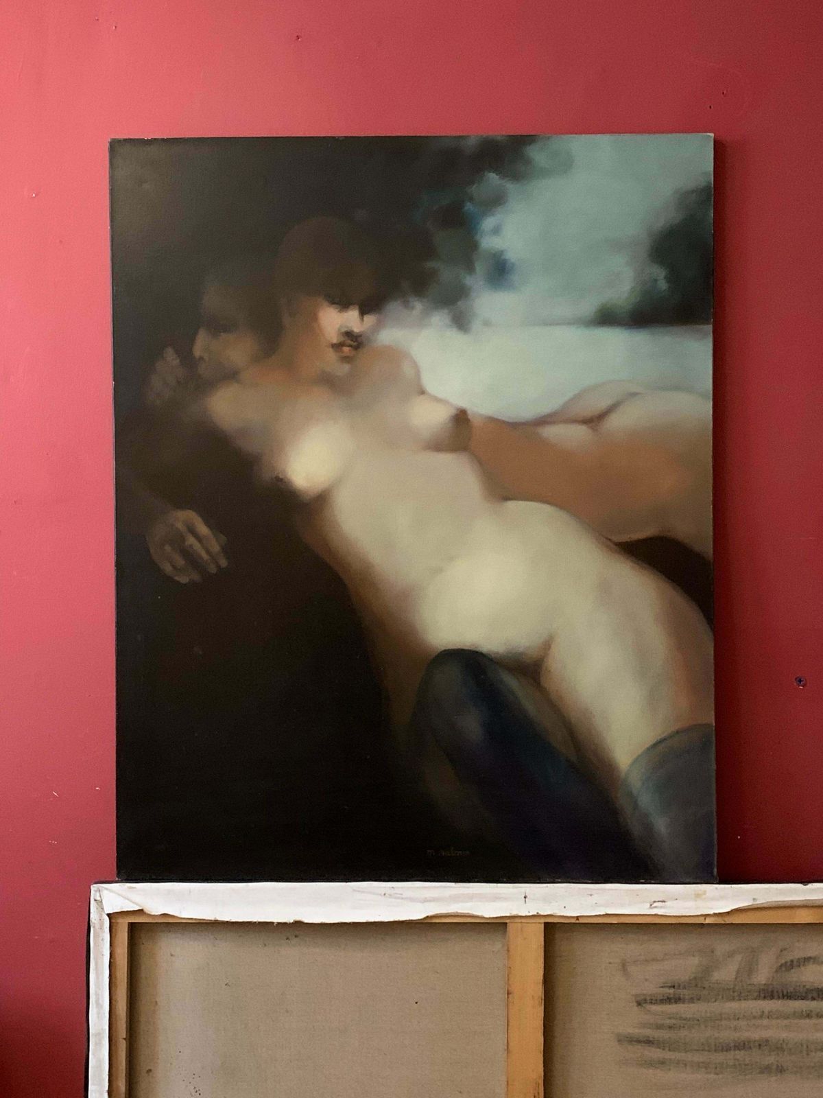Michele Salmonhuge French Modernist Oil Nude Lovers In Landscapec. 1990's photo furniture