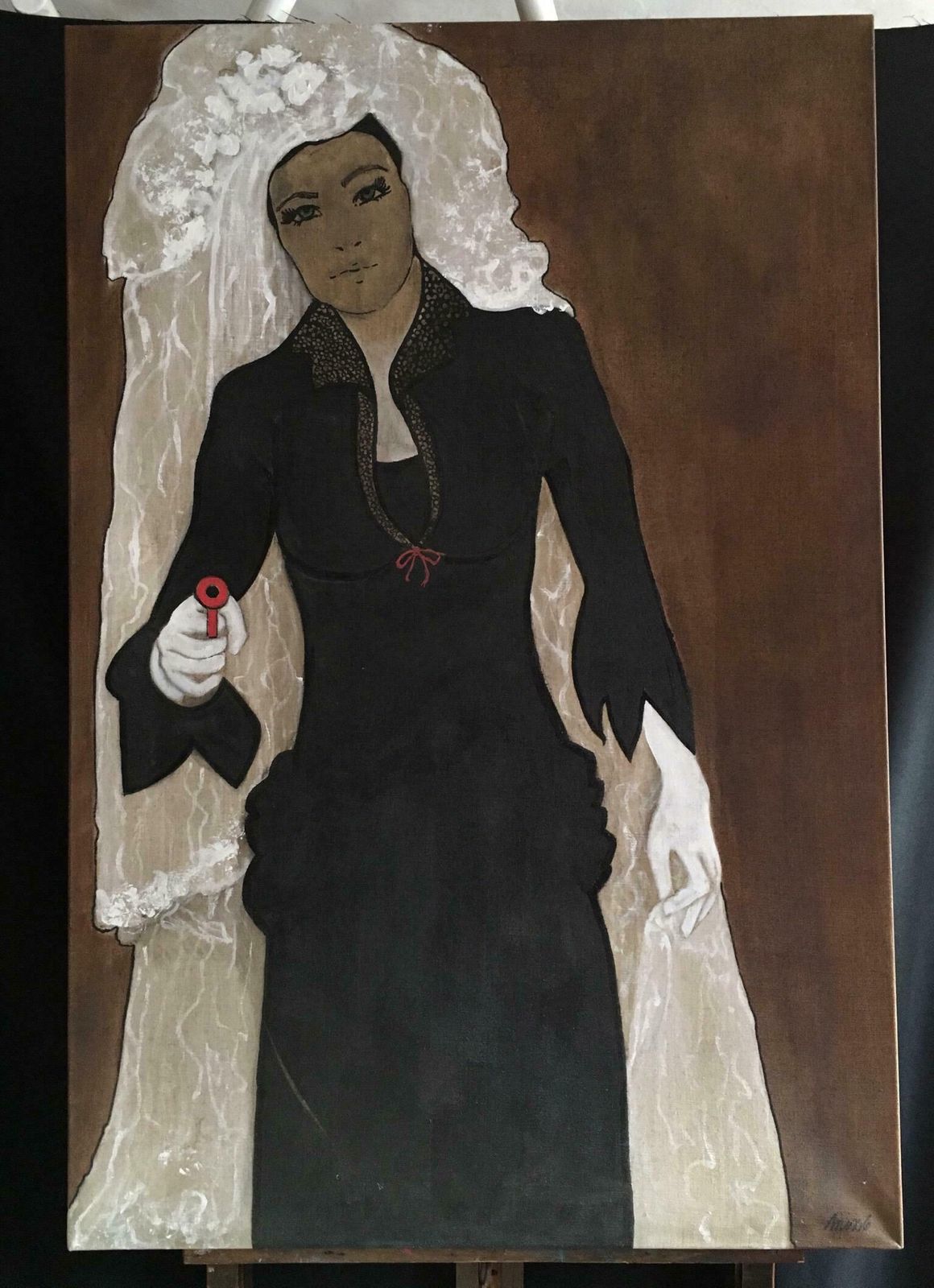 Larissa Ickxgirl With The Gun 1990's Stylised Portrait Signed Oil Paintingc.1990s photo for sale