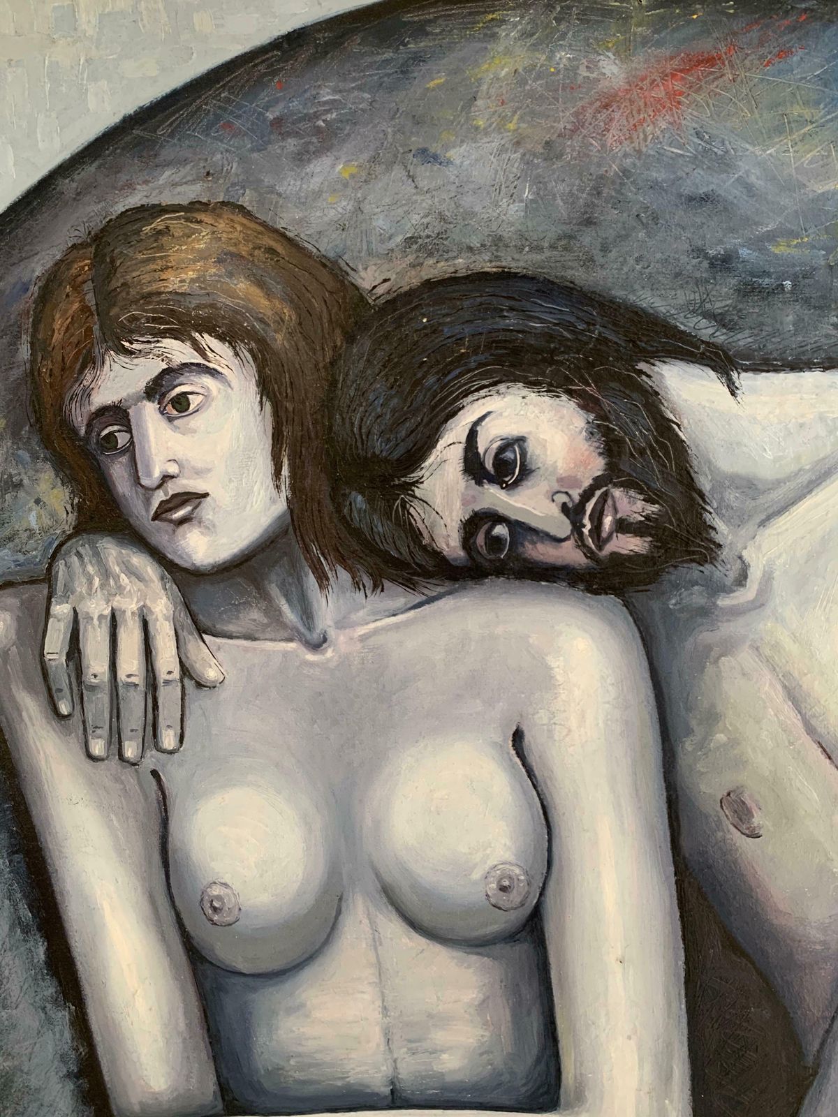 French Expressionisthuge 20th Century French Oil On Canvas   Adam & Eve Grey Black & White Ovalc. 1990's photo 4103.0