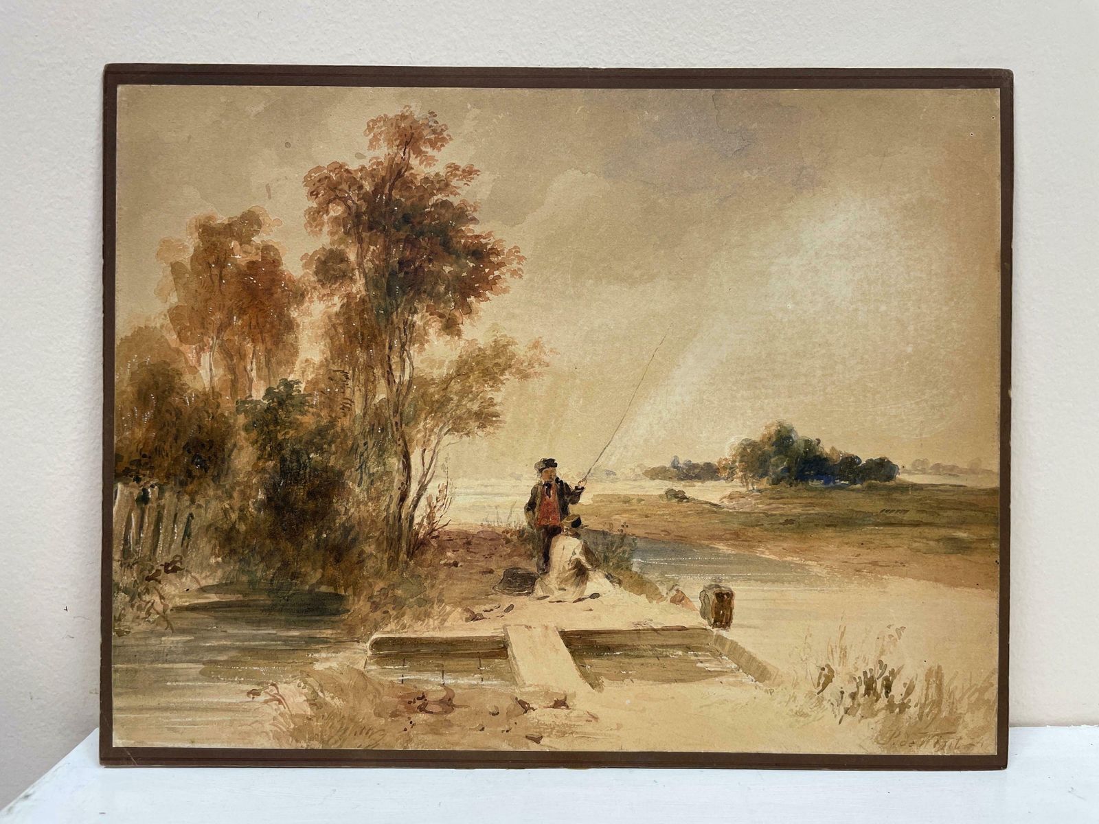 Early 19th Century Watercolour, Young Anglers On River Lea, Fine Landscapec. 1830's photo furniture