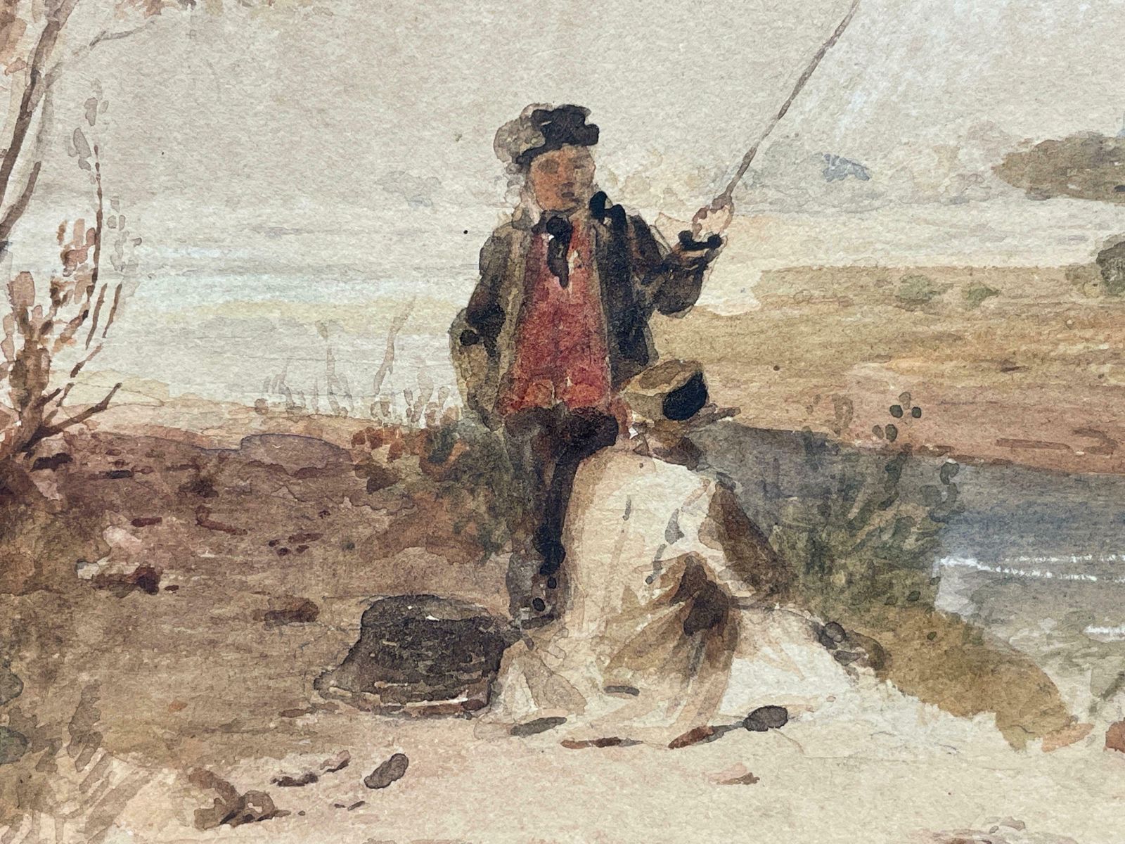 Early 19th Century Watercolour, Young Anglers On River Lea, Fine Landscapec. 1830's photo for sale