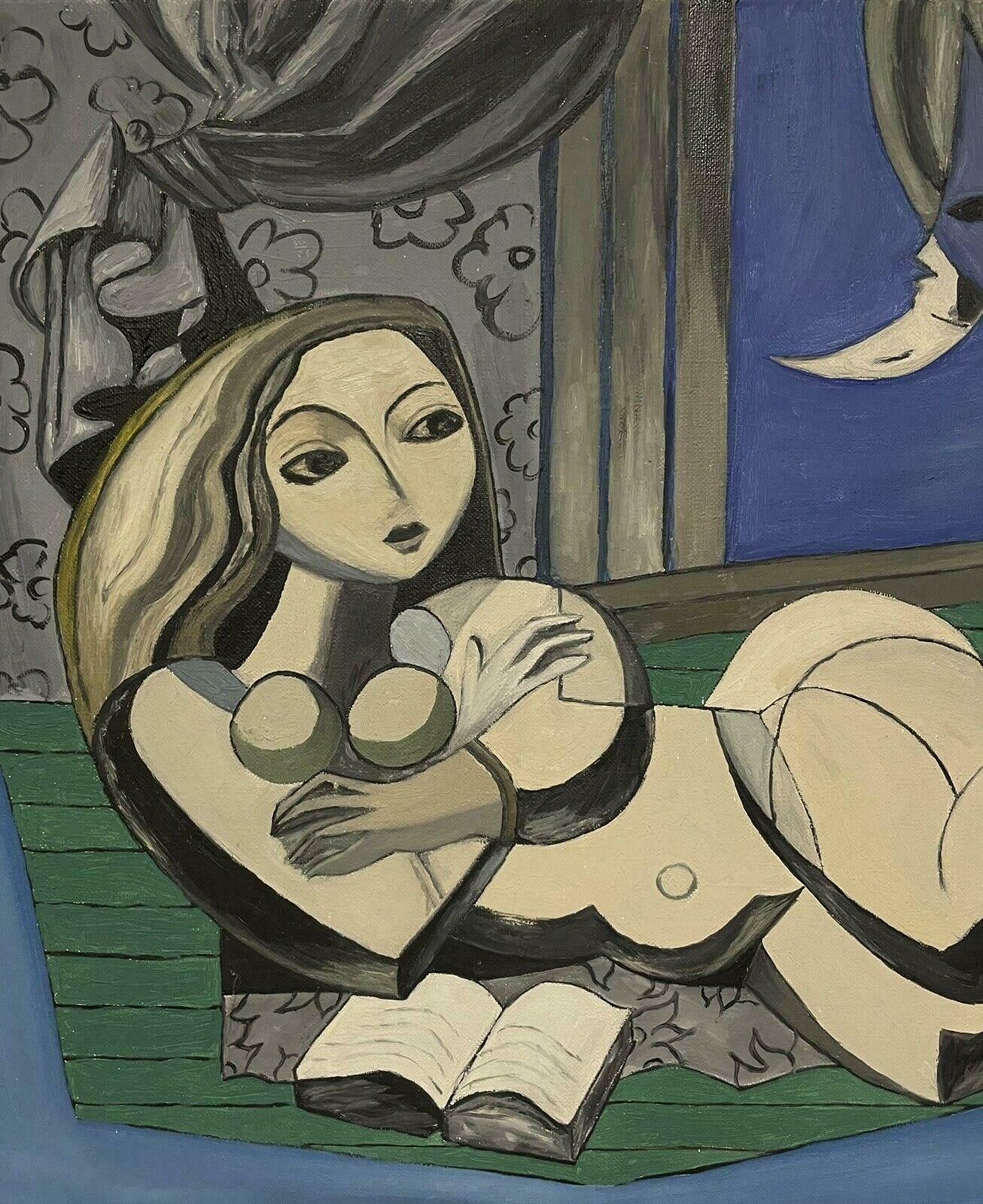 Style Of Picassolarge French 20th Century Oil Nude Lady Reclining, In The Style Of Picasso photo for sale