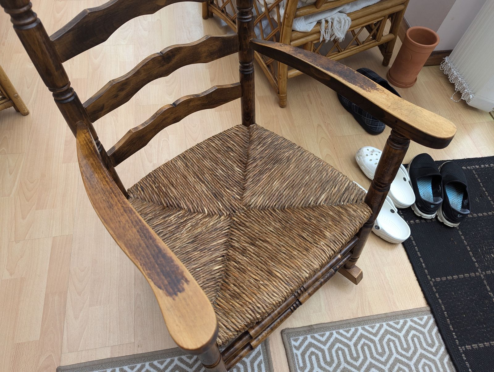 Vintage Wooden Rocking Chair With Woven Seat photo furniture