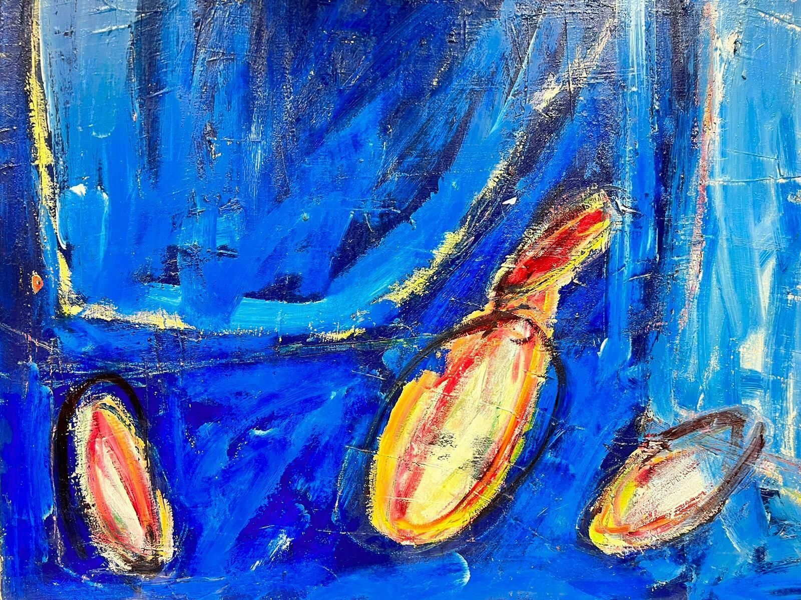 French Expressionisthuge French Expressionist Abstract Signed Oil Blue With Orange Yellow Shapes20th Century photo 3077.0