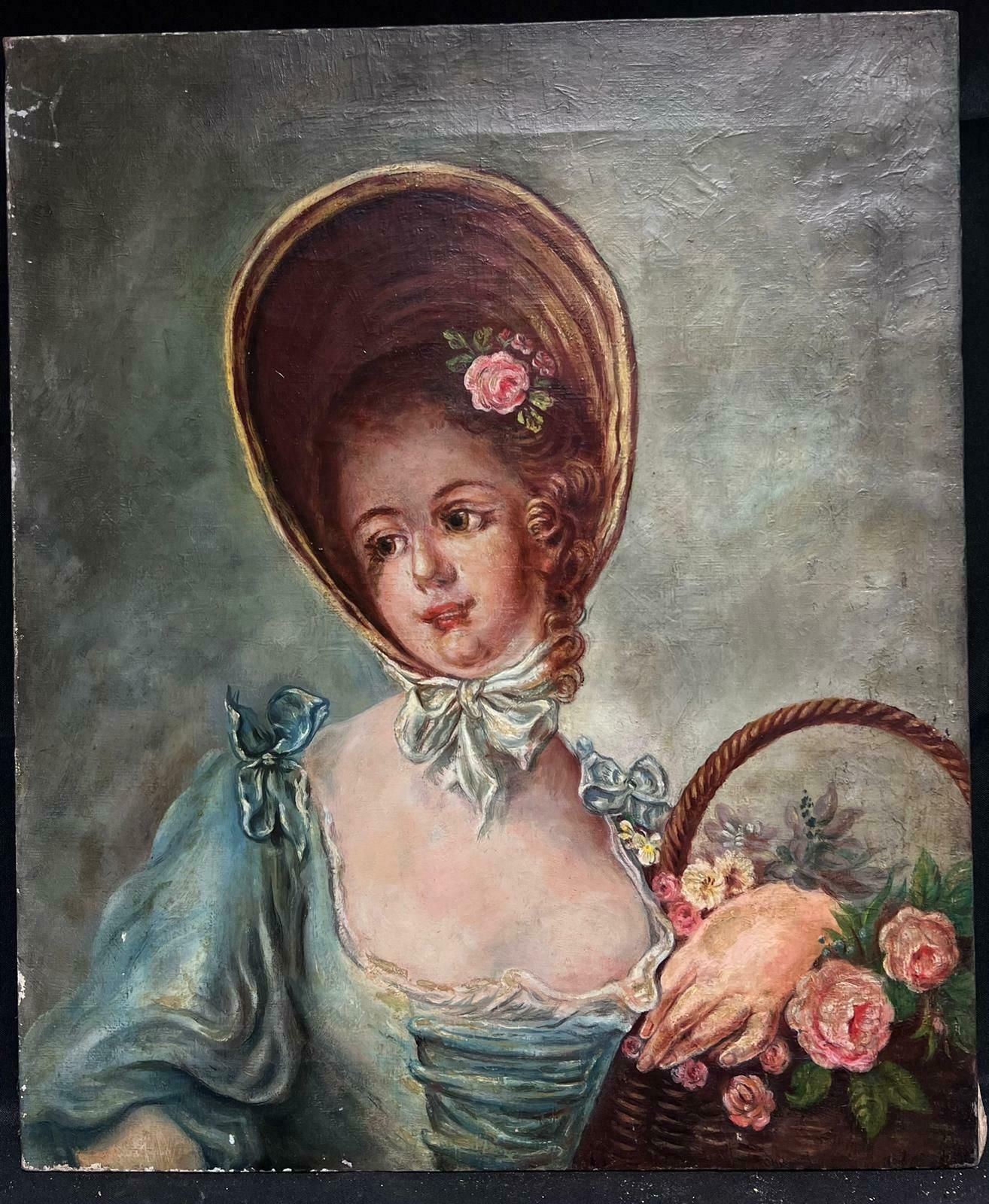 French Schoolantique French Oil Painting Portrait Of Country Lady In Bonnet With Basket Roses photo furniture