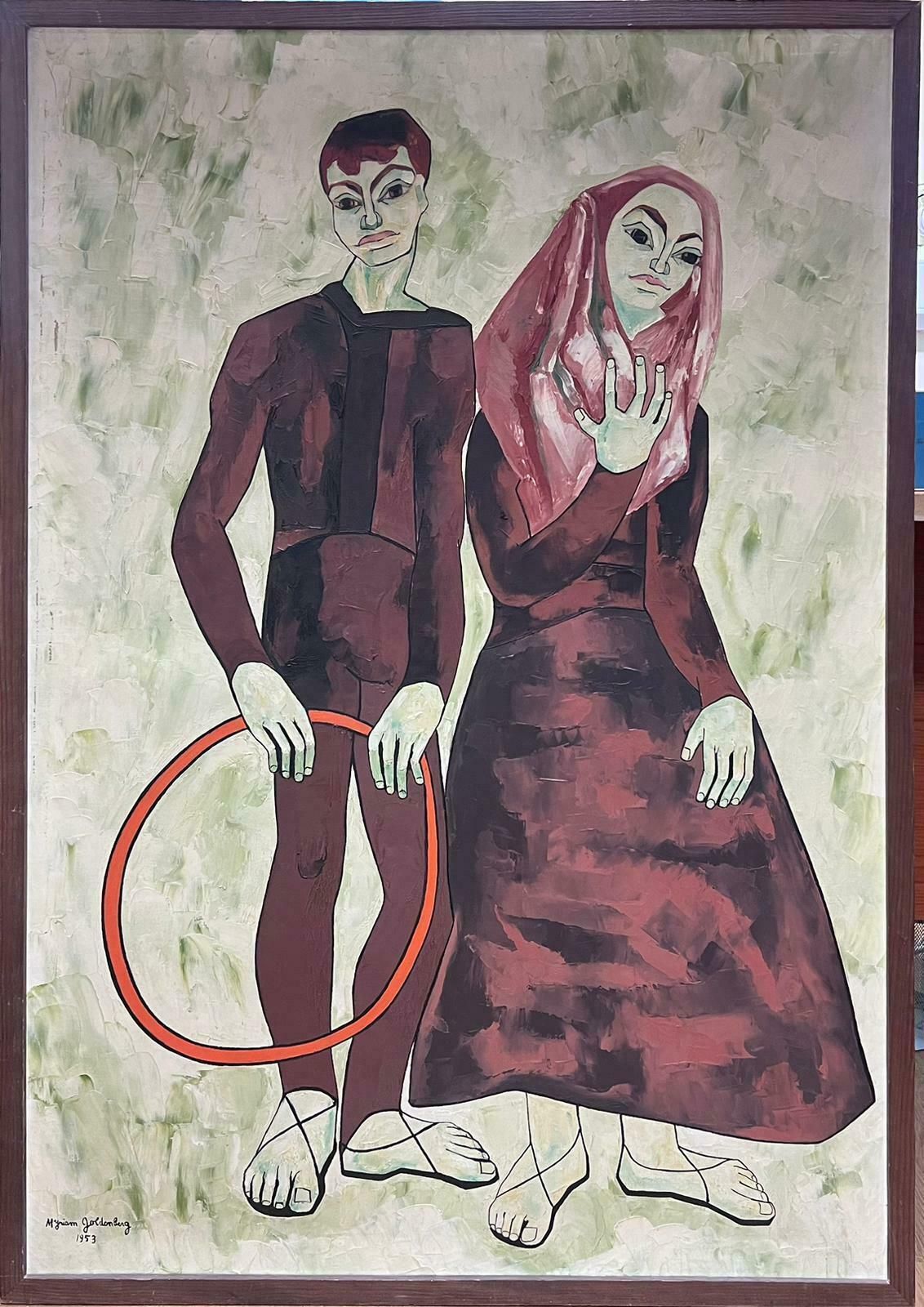 French Mid Century Huge 1950's French Modernist Signed Oil Painting Portrait Two Acrobats1950's photo furniture