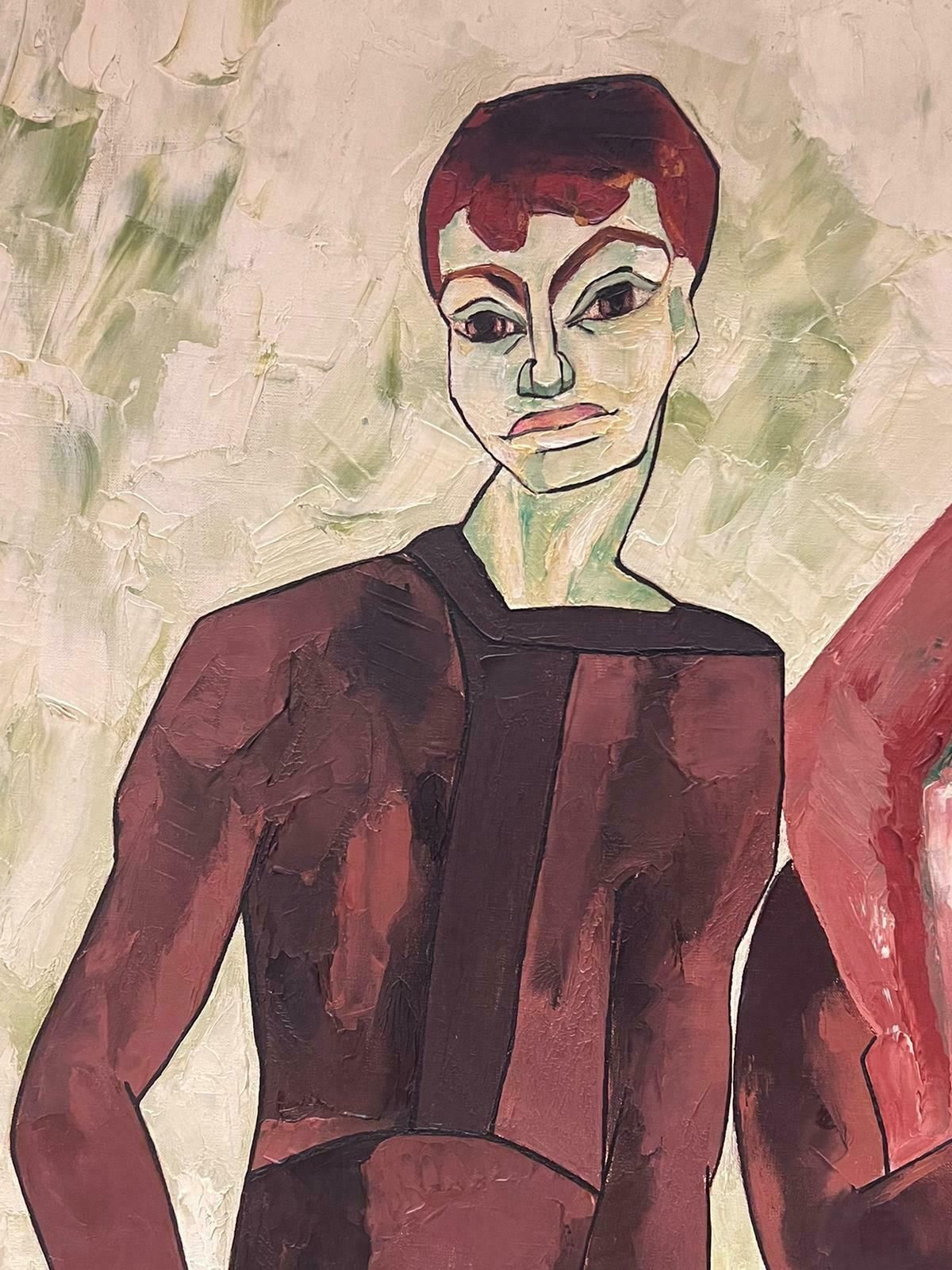 French Mid Century Huge 1950's French Modernist Signed Oil Painting Portrait Two Acrobats1950's photo for sale