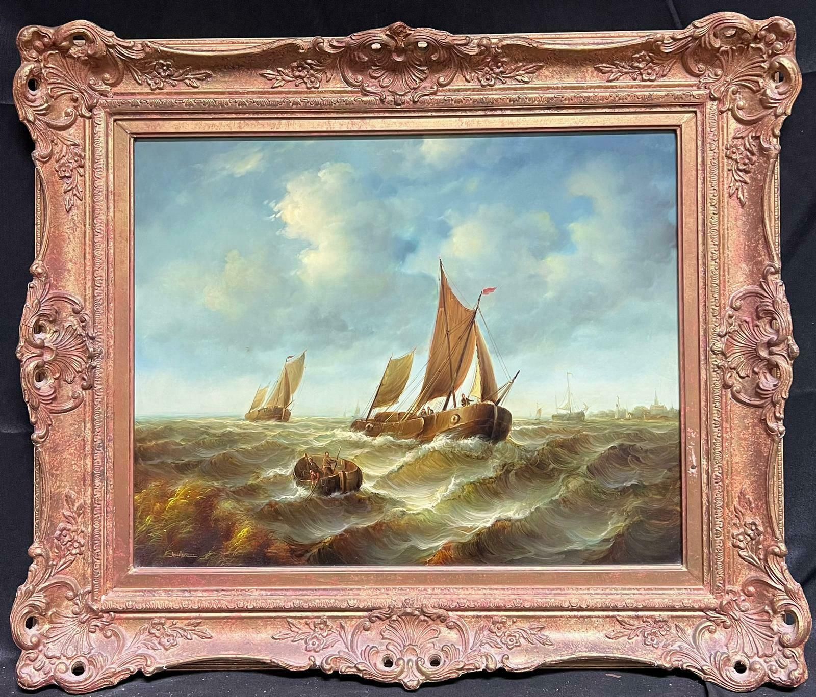 Jean Laurentfine Marine Signed Oil Painting Old Sailing Boats On Choppy Seas Gilt Framed