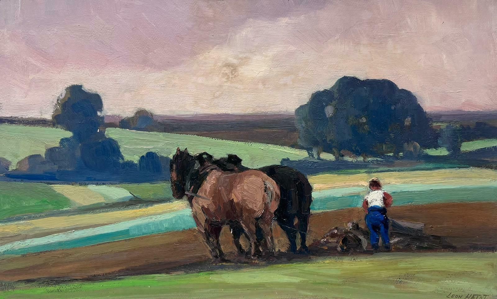 Leon Hatotvintage French Oil Painting Black And Brown Horse With Harvester In Fields