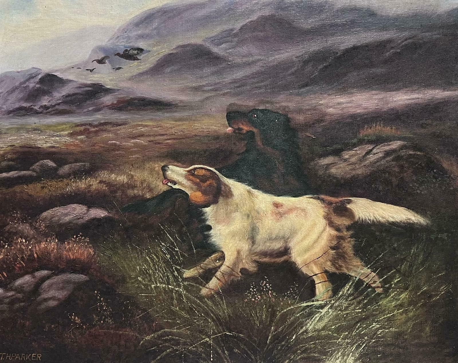 English Sporting Artistred Setter Dogs Hunting In Scottish Highland Moors Signed English Oil Painting