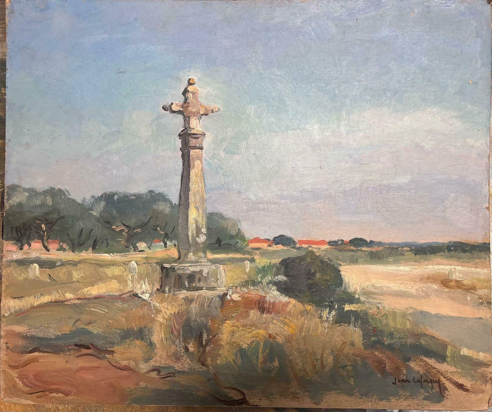 Jean Laforgueold Preaching Cross Memorial Stone French Village Landscape 1950's Oil Painting photo furniture