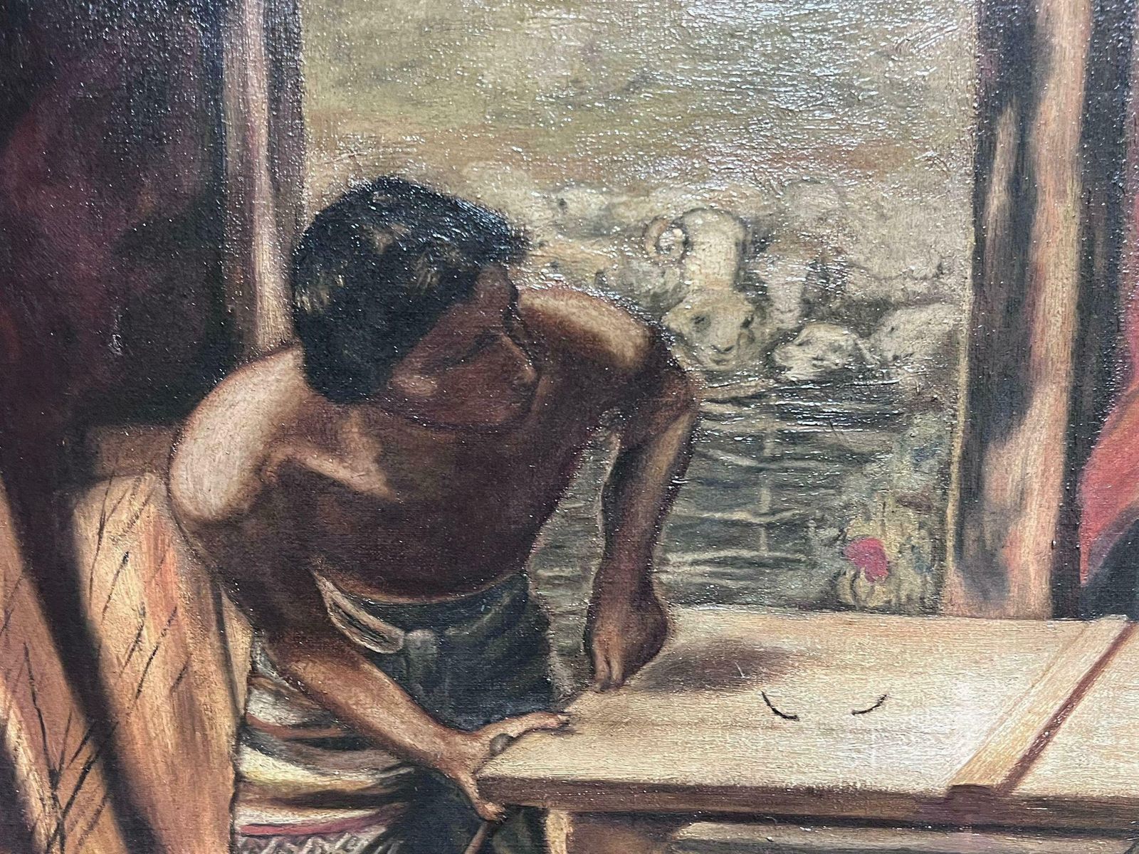 British Pre Rapaelite Schoolchrist In The House Of His Parents The Carpenters Workshop Antique English Oil photo vinterior