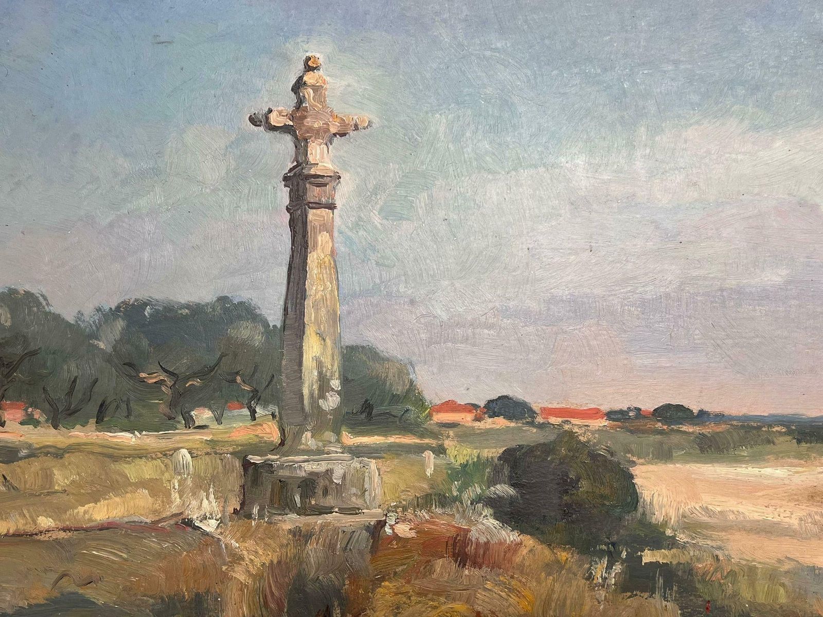 Jean Laforgueold Preaching Cross Memorial Stone French Village Landscape 1950's Oil Painting photo vinterior