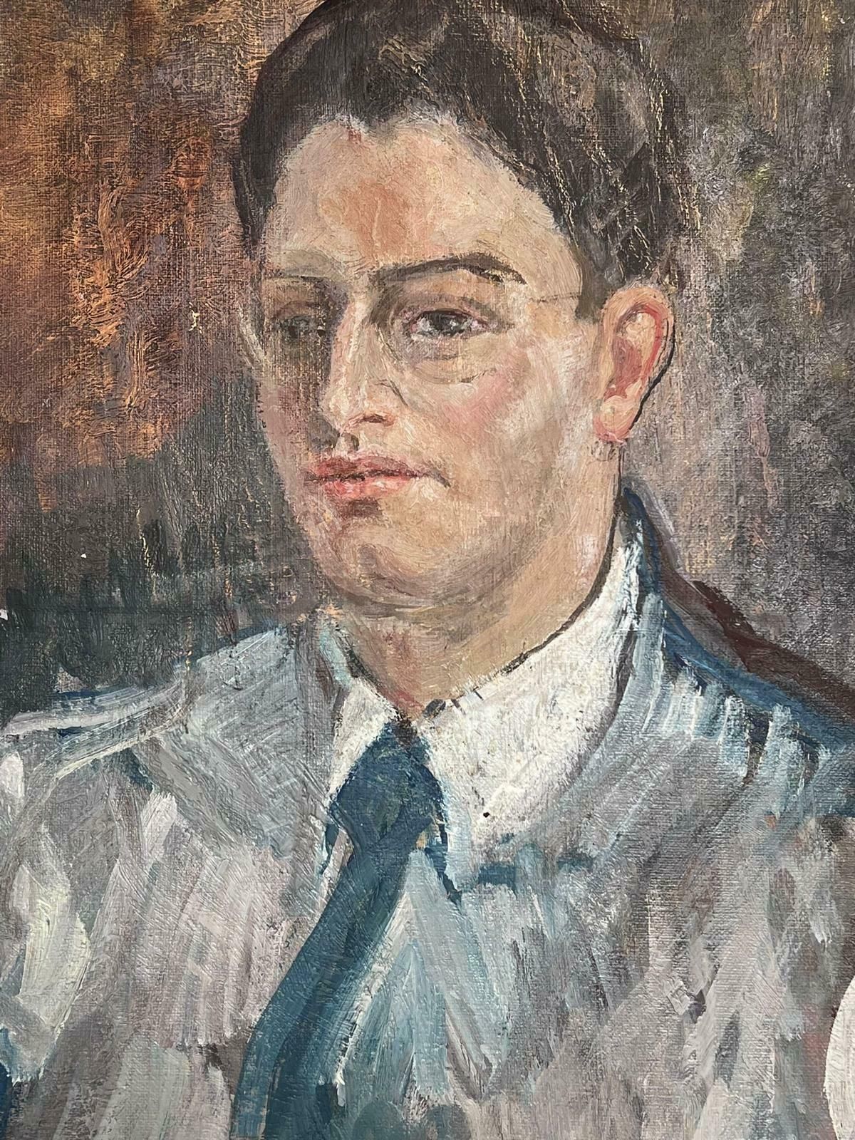Jean Laforguemid 20th Century French Signed Oil Painting Portrait Of Man In Tie photo furniture