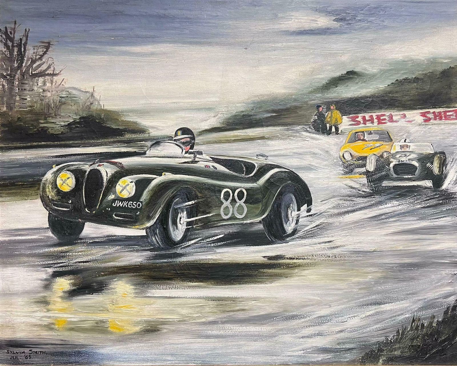 British 1960'sclassic Jaguar Motor Racing Action Scene Original 1960's Signed Oil Painting