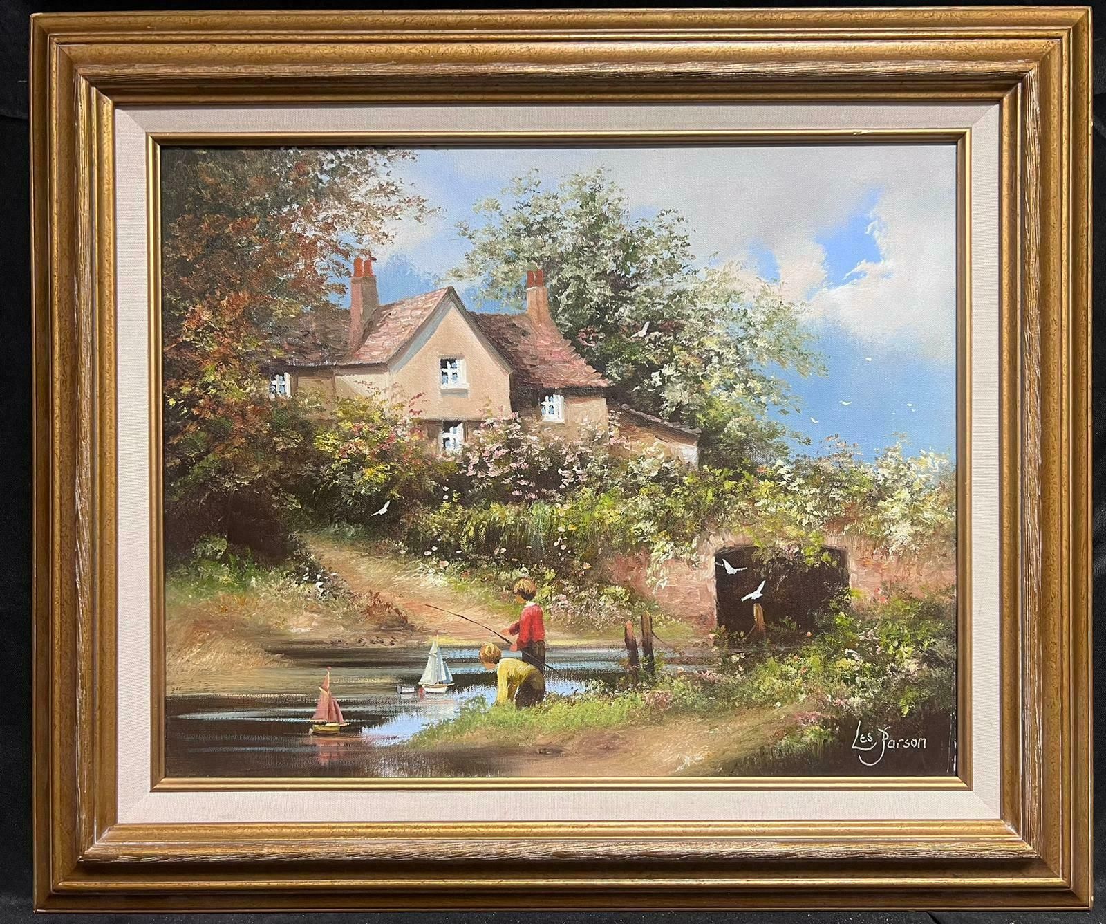 Les Parsonstraditional English Cornish Village Scene Children Playing In Stream By Cottage