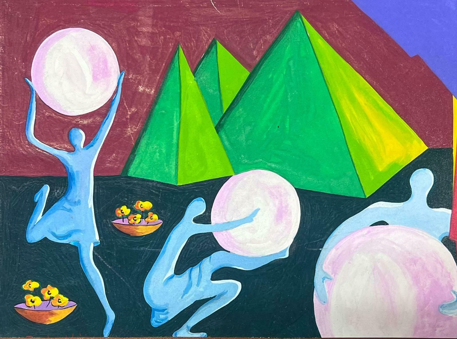 Sally Vaughancontemporary British Abstract Original Painting Surrealist Figures Pyramids1990