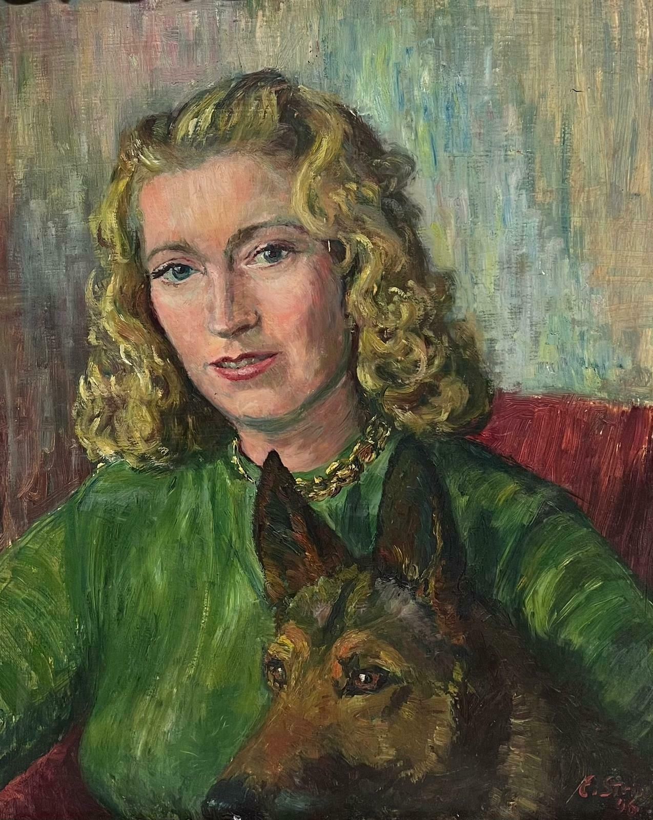 French Schoolmid 20th Century French Portrait Young Lady With Alsatian Dog Oil On Canvas1940 photo furniture