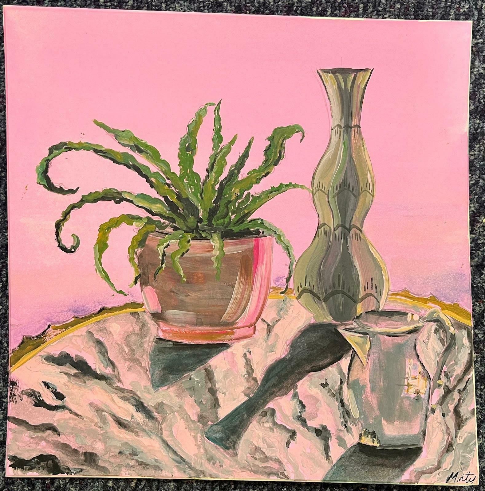 Minty Ramseypink Still Life Interior With Green Fern Acrylic Painting Contemporary British 2024 photo furniture