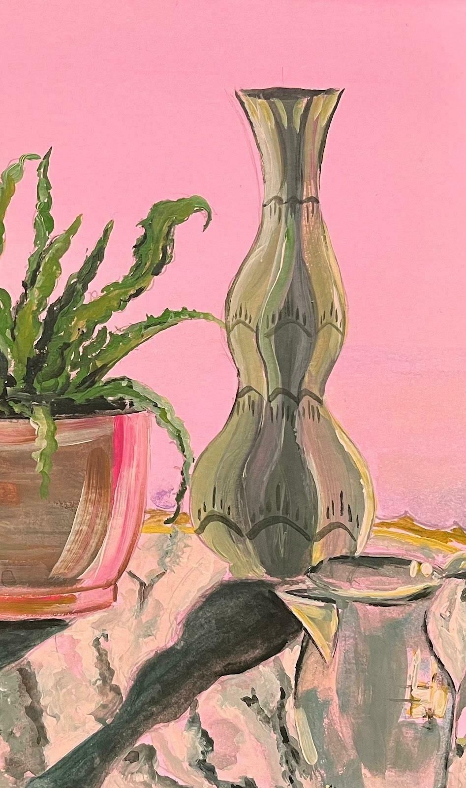Minty Ramseypink Still Life Interior With Green Fern Acrylic Painting Contemporary British 2024 photo 487.0