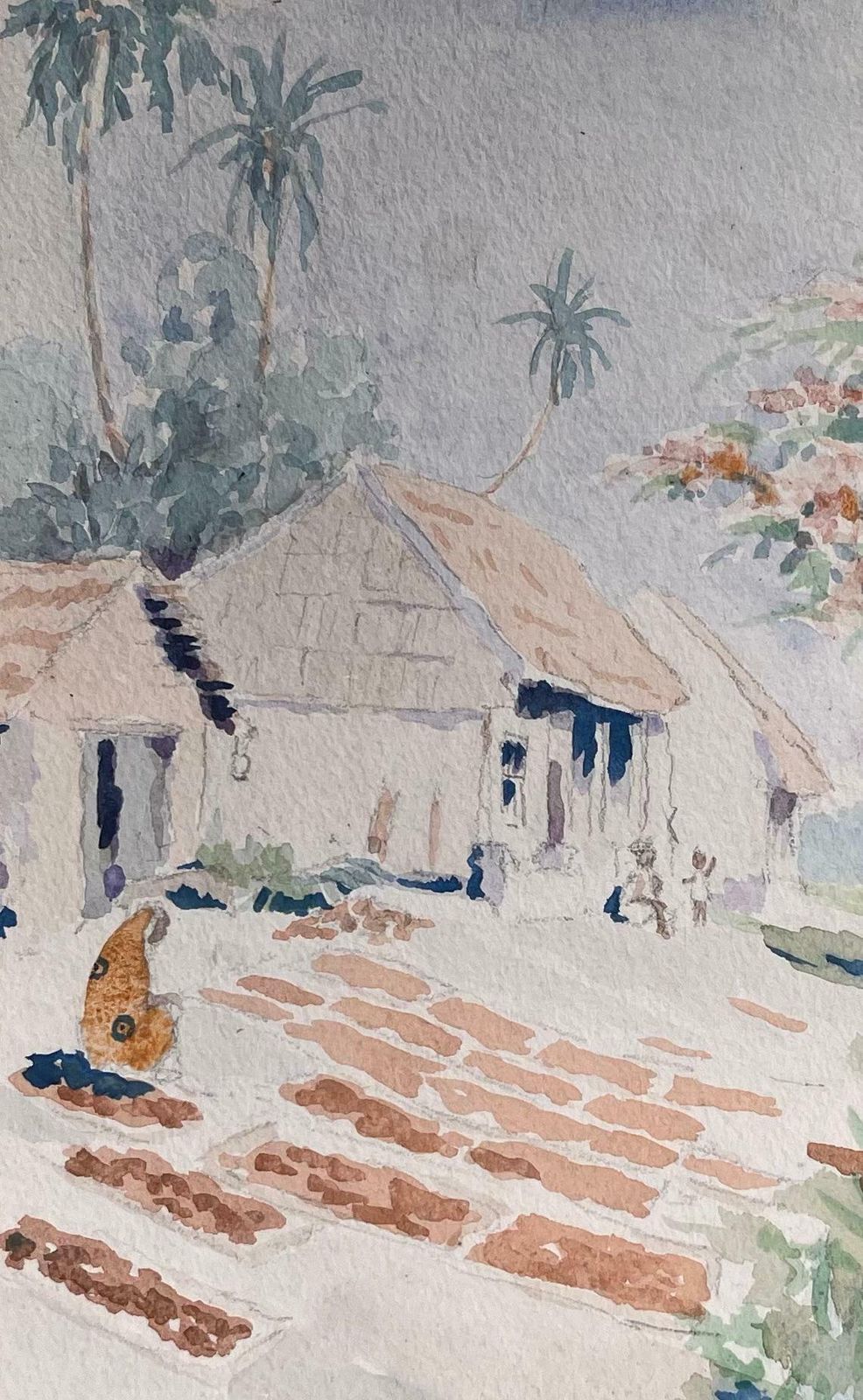 Ian G. Walkerfinely Detailed British Watercolor Of Cloves Drying North  Of Zanzibar Town1955 photo for sale