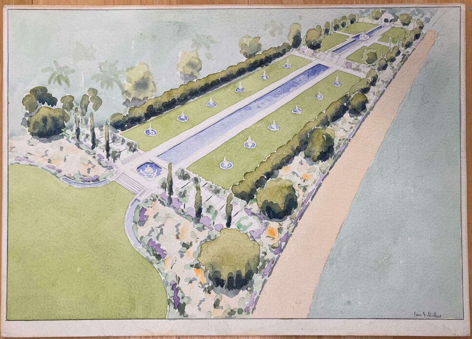Ian G. Walkerfinely Detailed British Watercolor Topographical Of A Mogul Garden In Pakistan20th Century photo furniture