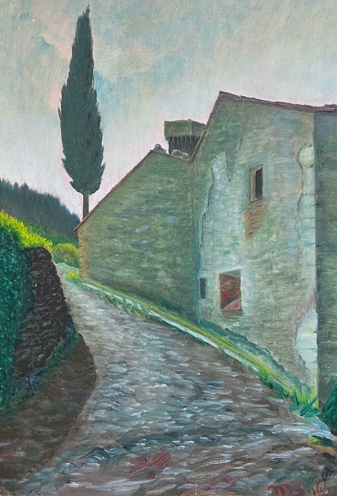 Italian 1950'scypress Tree Old Tuscan Stone Village Houses Winding Lane Signed Oil Painting1950's photo furniture