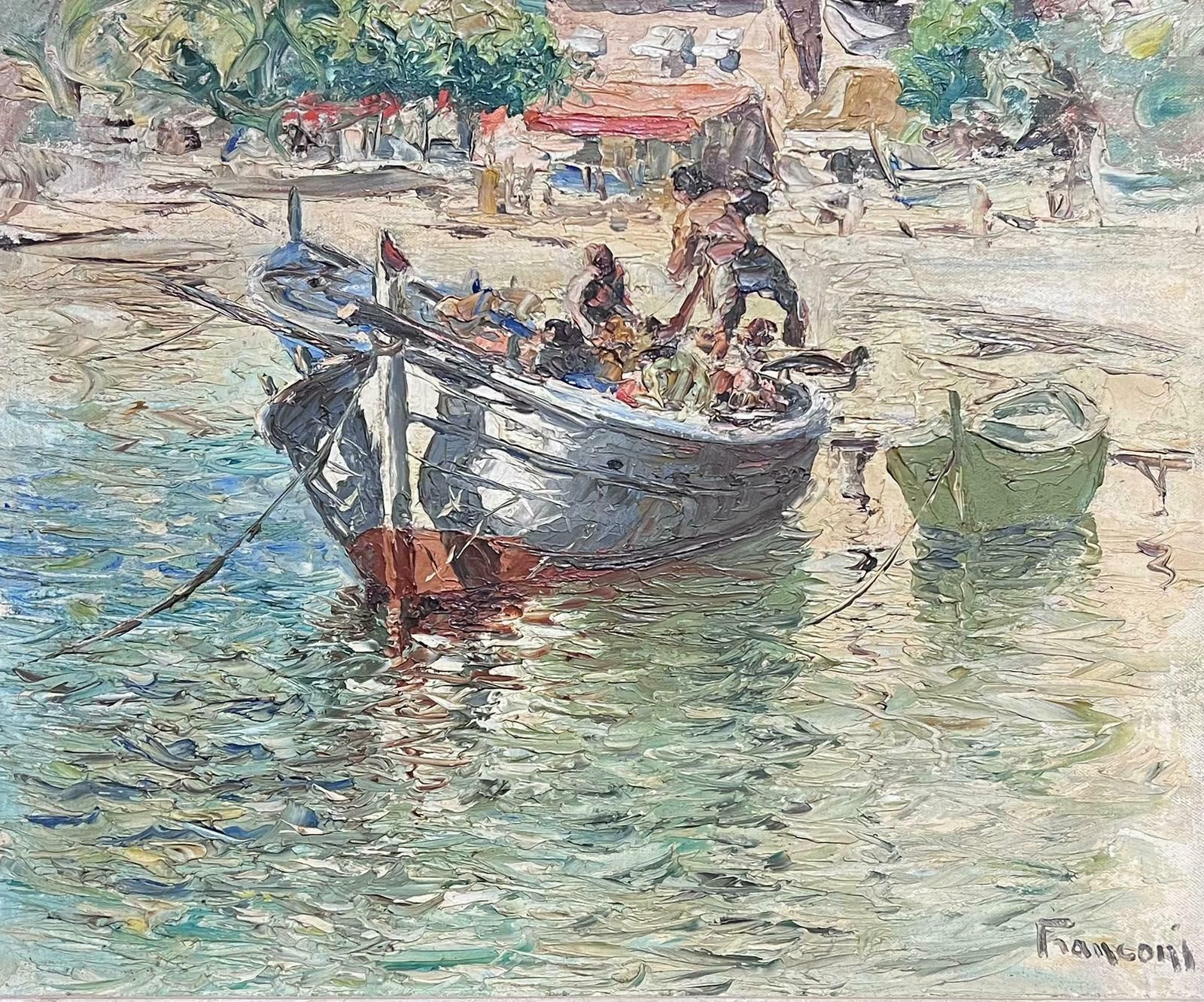 Italian Mid 20th Centurysigned Italian Oil Painting C. 1950's Fishing Boat Sunny Beach Side Sea Scene photo furniture