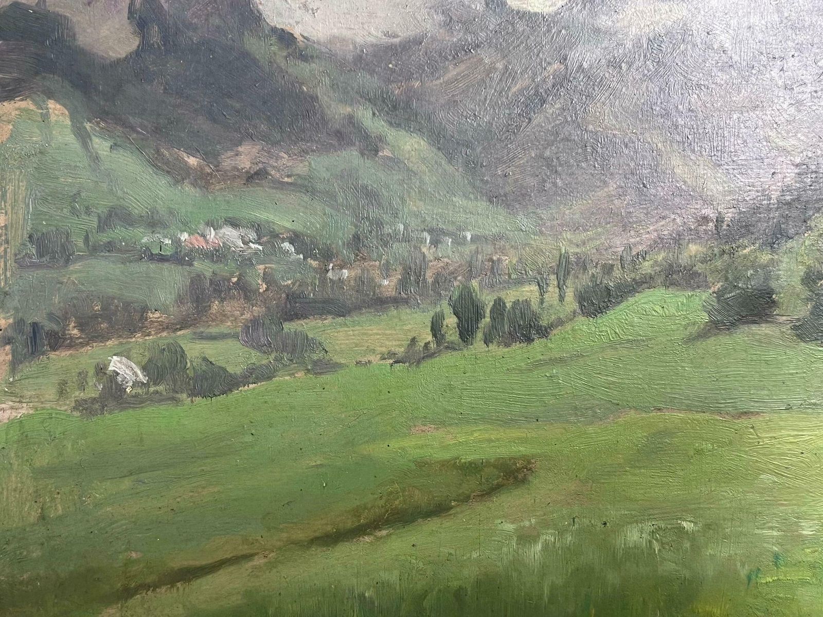 Edmond Quinton1930's French Impressionist Signed Oil Painting Mountains Behind Foggy Sky1930's photo for sale