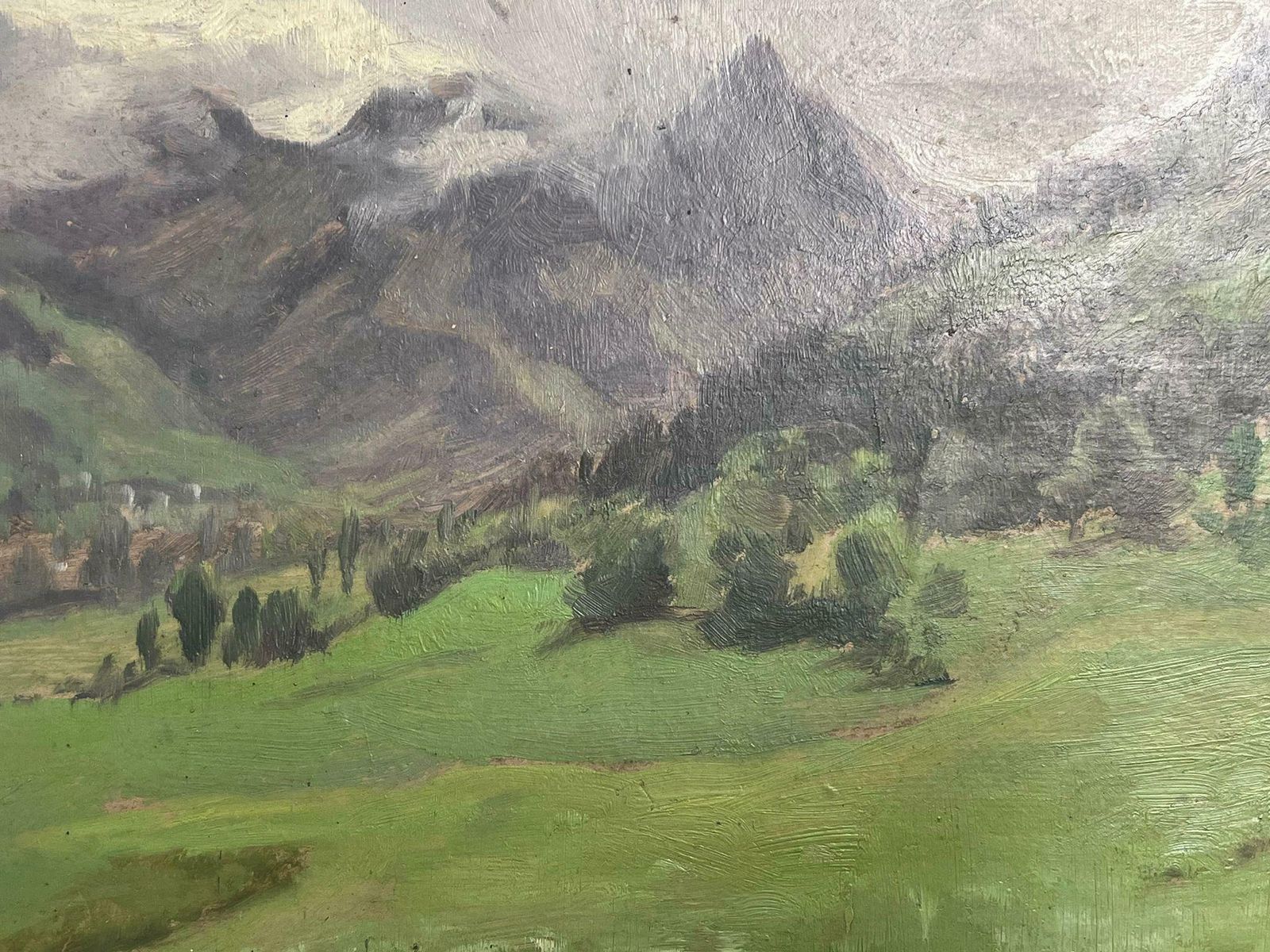 Edmond Quinton1930's French Impressionist Signed Oil Painting Mountains Behind Foggy Sky1930's photo Art