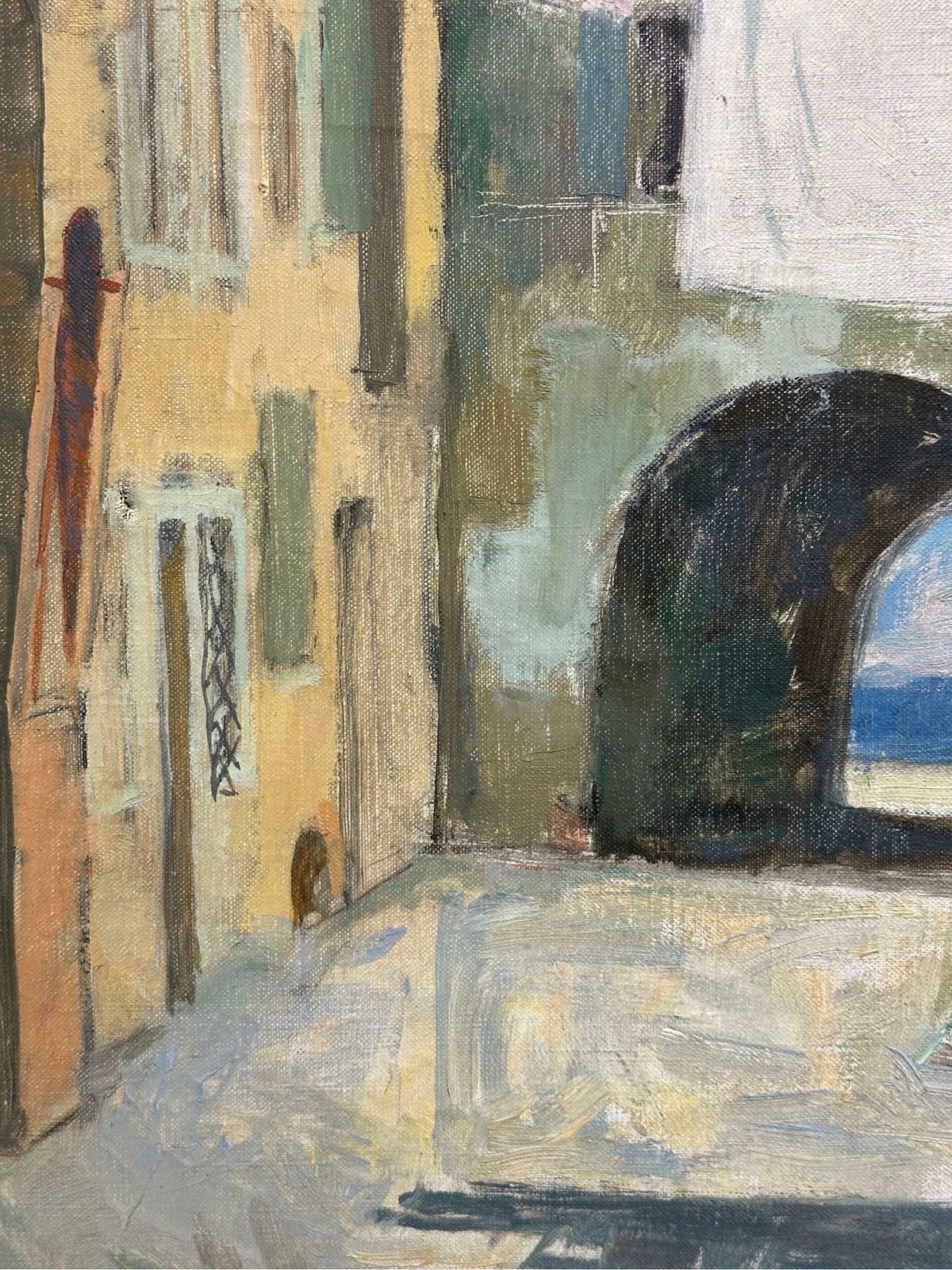 photo for sale Maurice Delavierfrench Impressionist Oil Painting Clothes Drying Washing Line Venice Courtyard1985