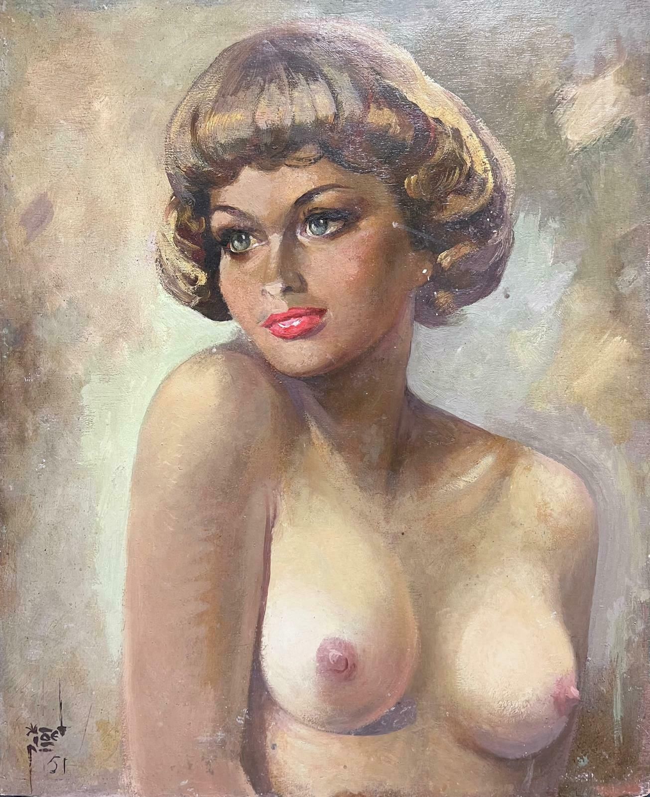 1950's French Large French Signed Oil Portrait Of Nude Lady Signed & Dated 1950's Mid Century1950's